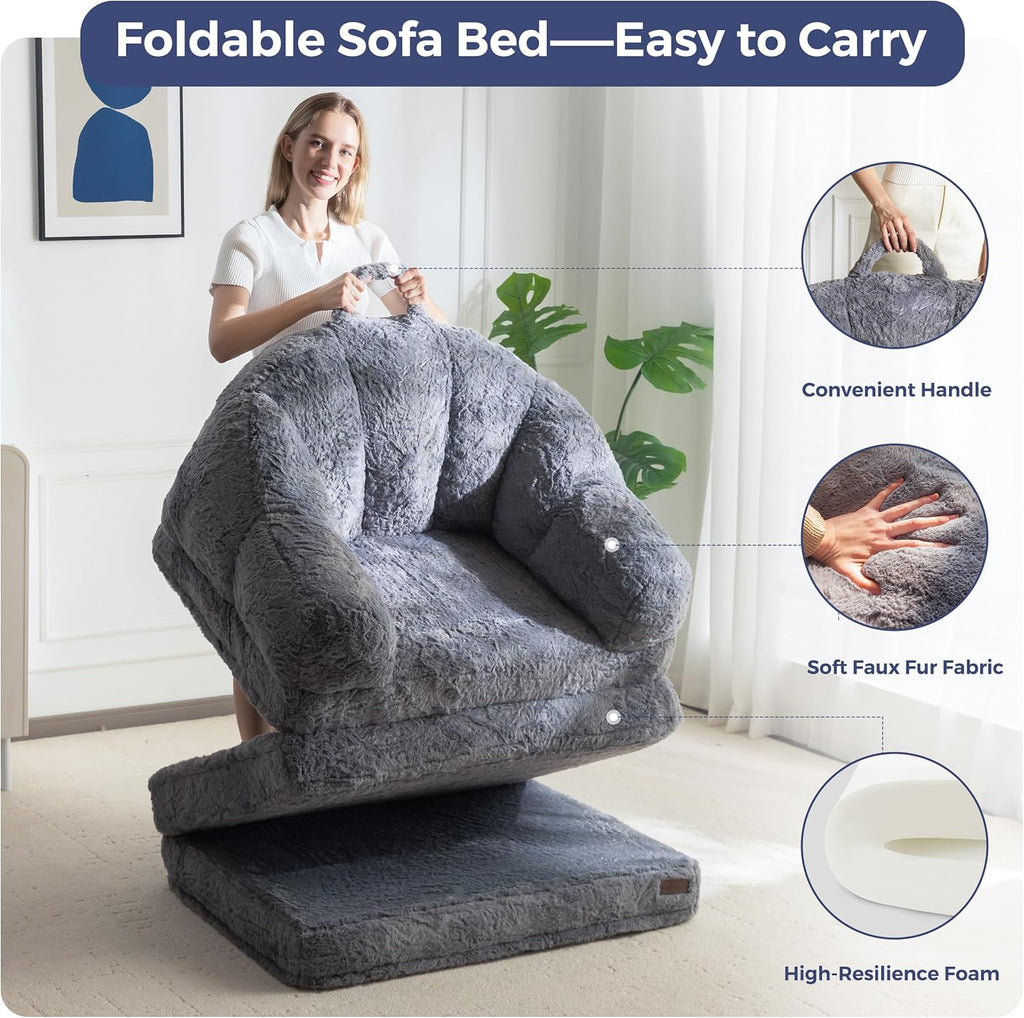 MAXYOYO Folding Sofa Bed, 2 in 1 Convertible Sofa to Lounger Comfy Single Bean Bag Chair for Adults, Floor Sleeper Couch with Handle, Faux Fur Couch Bed for Living Room Bedroom, Grey