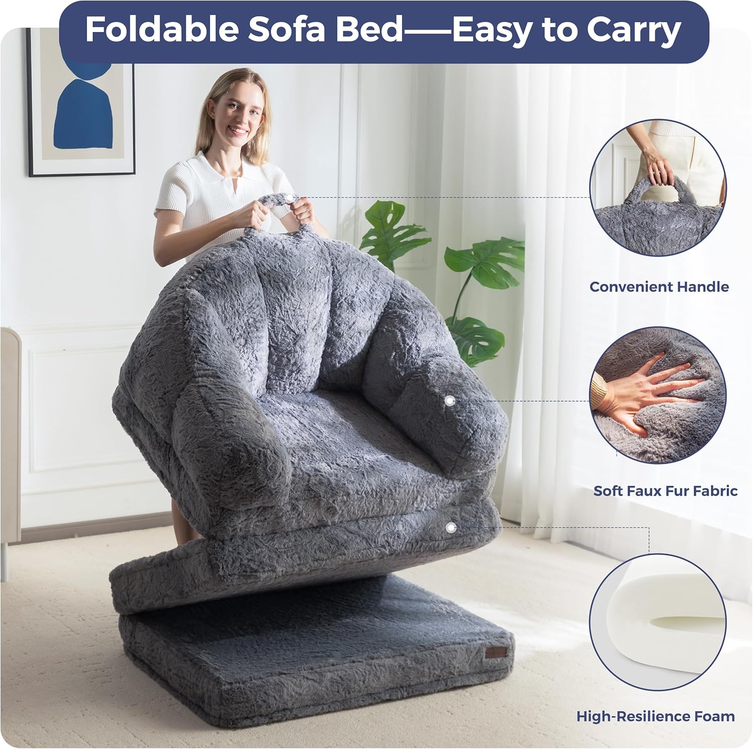 MAXYOYO Folding Sofa Bed, 2 in 1 Convertible Sofa to Lounger Comfy Single Bean Bag Chair for Adults, Floor Sleeper Couch with Handle, Faux Fur Couch Bed for Living Room Bedroom, Grey