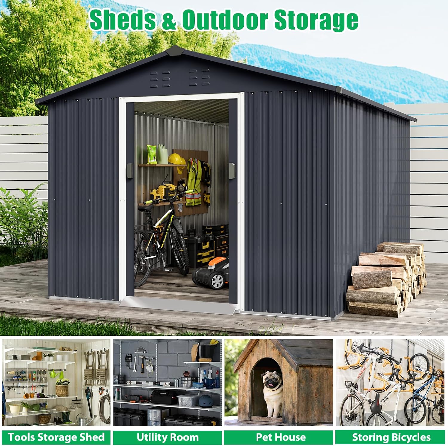 Acekool Outdoor Storage Shed 8x15 Ft & Large Storage Space, Utility Metal Storage Shed with Lockable Sliding Door and Vent, Garden Tool Shed for Organising Tools and Equipment in Yard, Garden, Grey