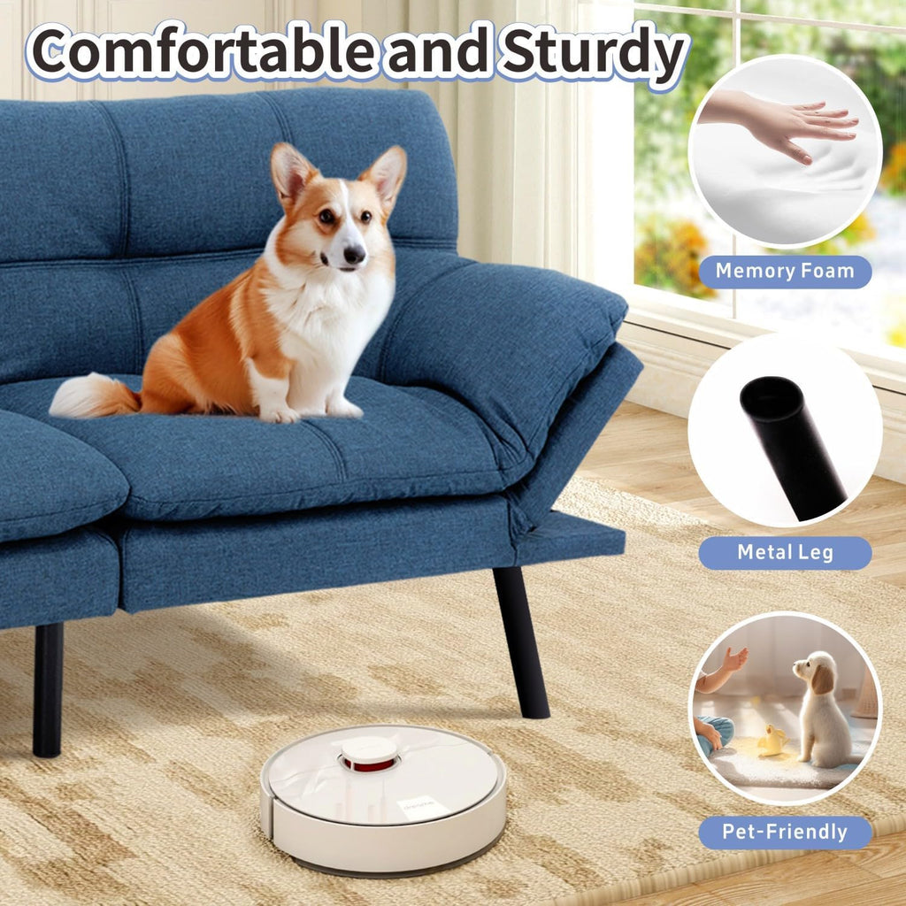 MUUEGM Futon Sofa Bed Memory Foam Navy Blue Futons Modern Office Couch Sleeper Bed Convertible Love seat Sofa for Small Spaces,Apartment,Office with Adjustable Armrest Backrest