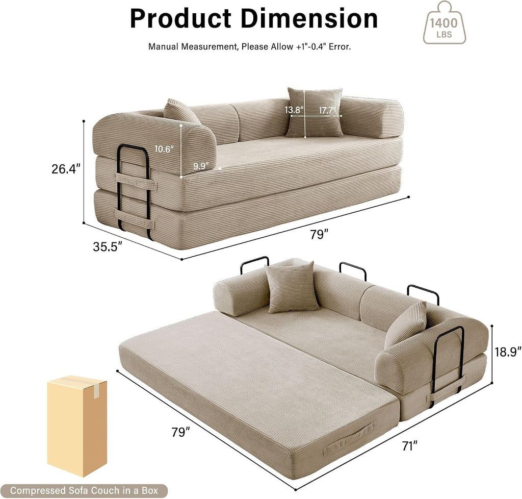 79' Convertible Sofa Bed, 5-in-1 Corduroy Boneless Couch Bed Sofa Pull Out, Memory Foam Couch, No Assembly Futon Couches for Living Room (Beige)