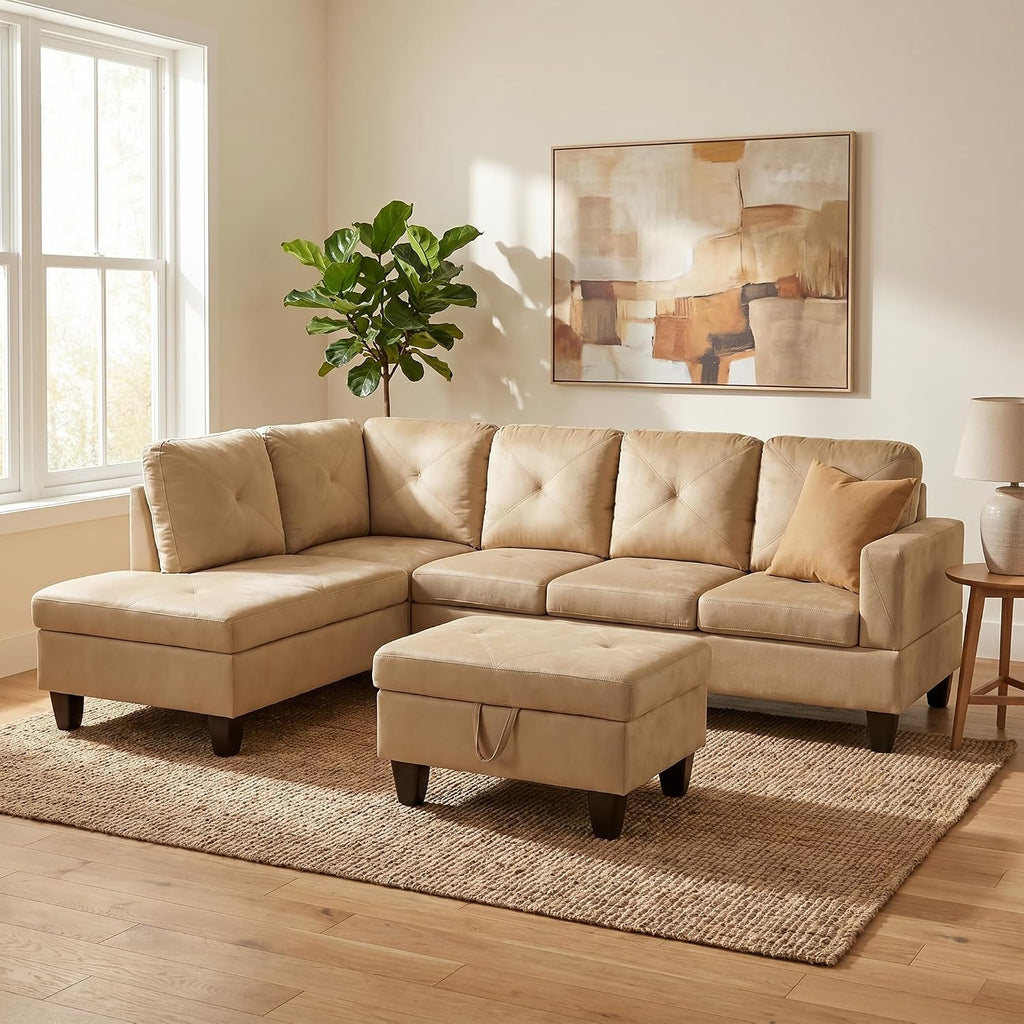3-Piece L-Shaped Modular Leather Sofa – Convertible Sectional Couch with Movable Chaise & Storage Ottoman, Multi-Scene Use for Living Room, Apartment & Office, Beige