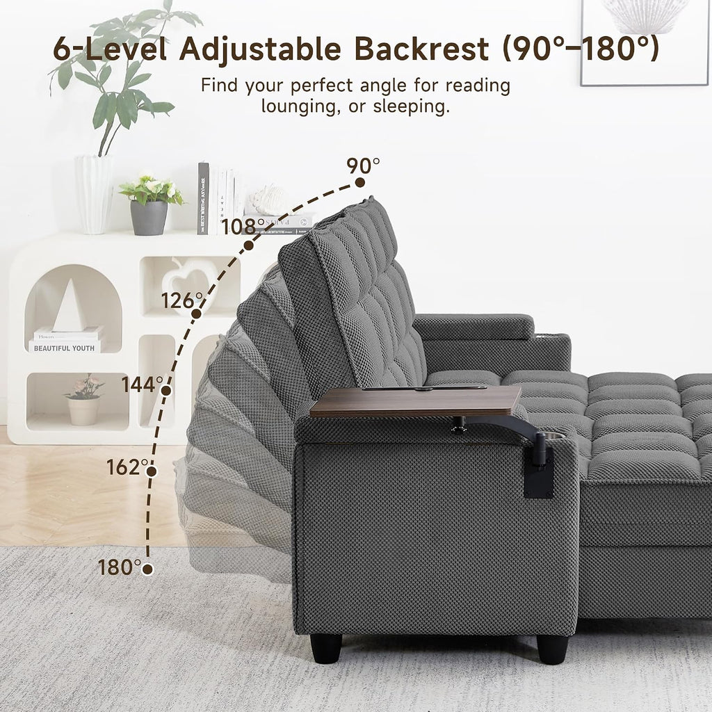 70.9' Chaise Lounge Chair Indoor, Oversized Boucle Upholstered Sofa Bed, Adjustable Backrest Deep Seat Reading Chair, Sofas Couches for Living Room with Storage, Cup Holders and 360° Swivel Side Table