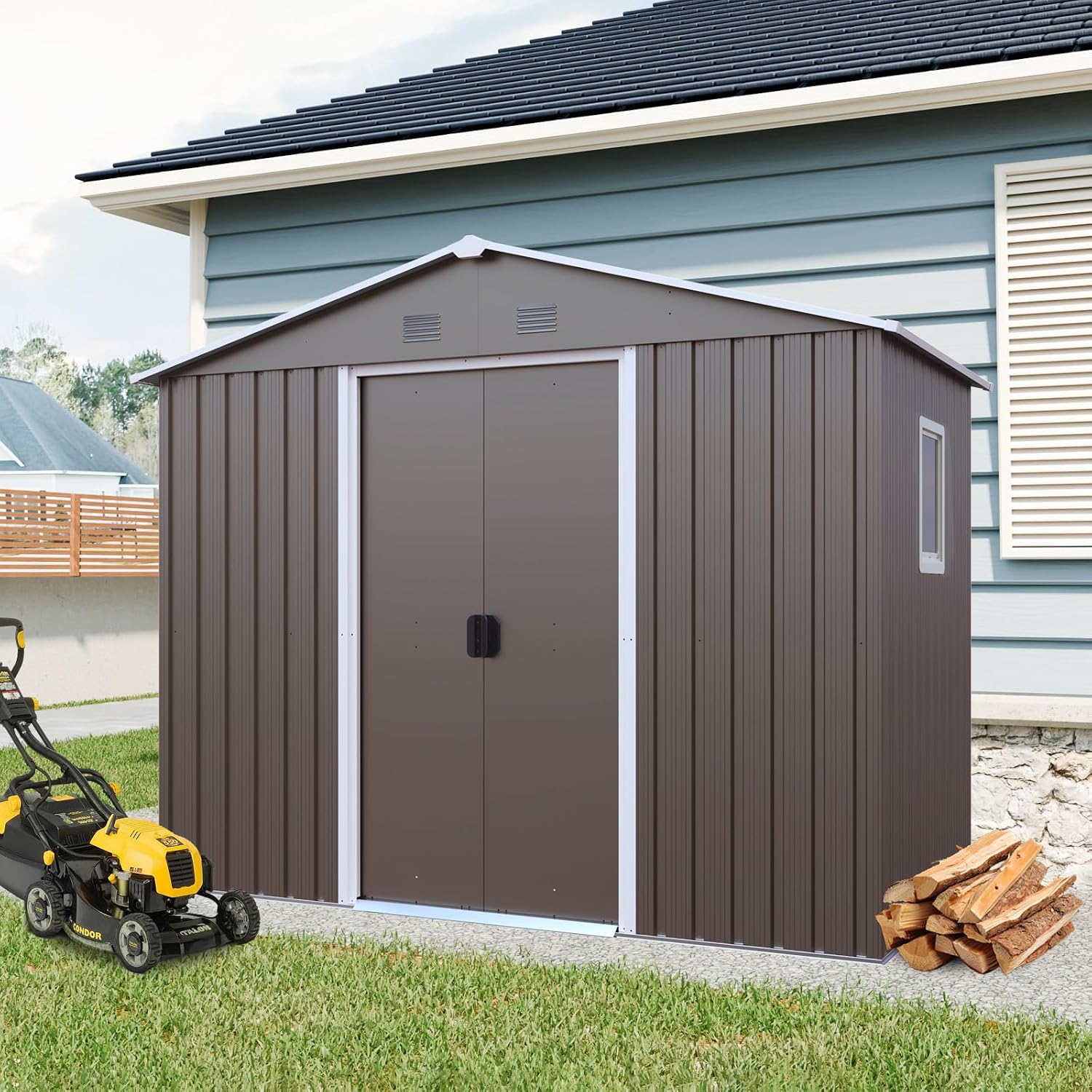 4x8 FT Outdoor Storage Shed, Metal Garden Shed with Frame Floor, Outside Tool Shed with Window, Waterproof Storage Building with Lockable Sliding Doors & Sloped Roof for Backyard, Patio, Warm Gray