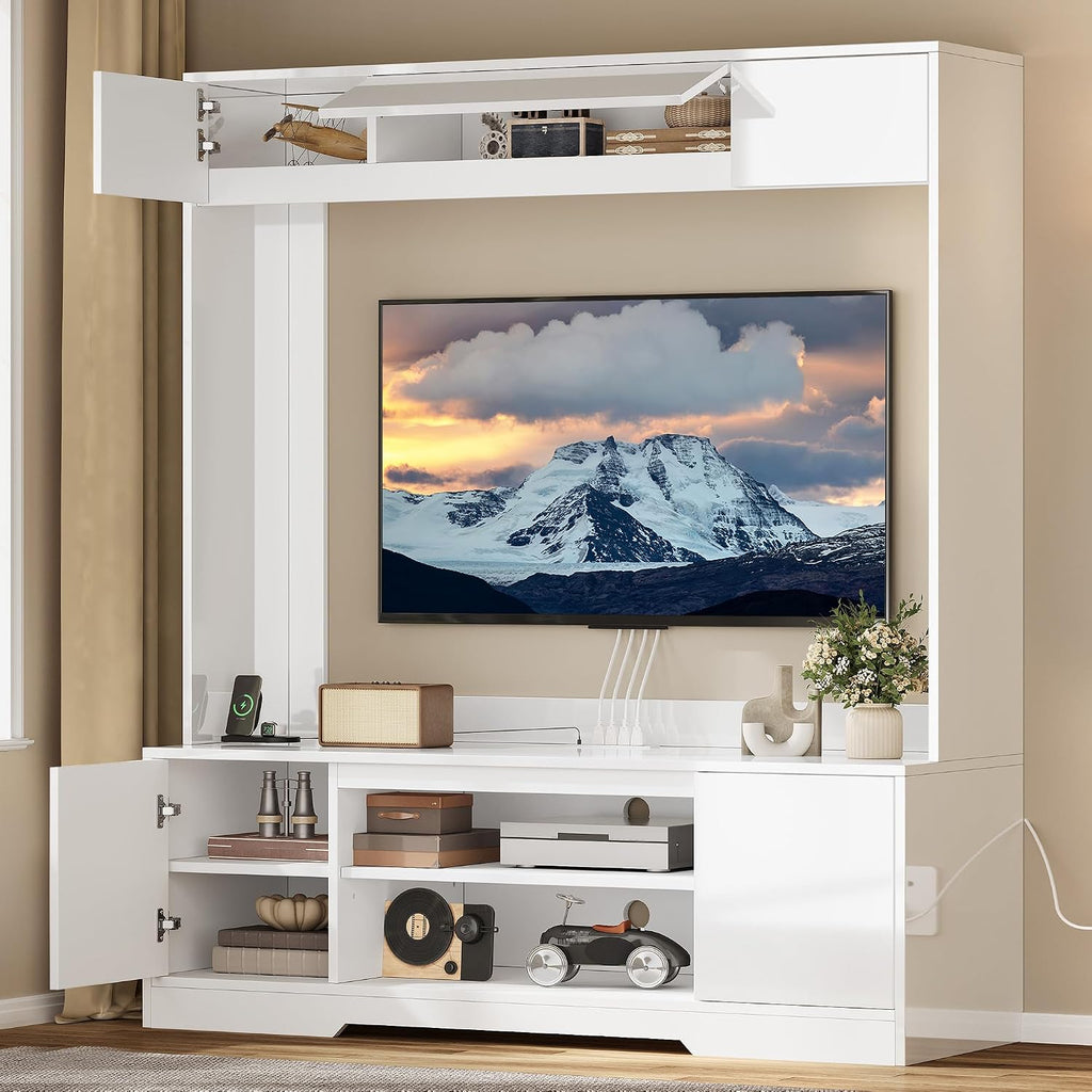 YITAHOME Wall Unit Entertainment Center with Storage for Living Room, Modern Tall TV Stand for 65 Inch TV with Power Outlets & Adjustable Storage Cabinet, White