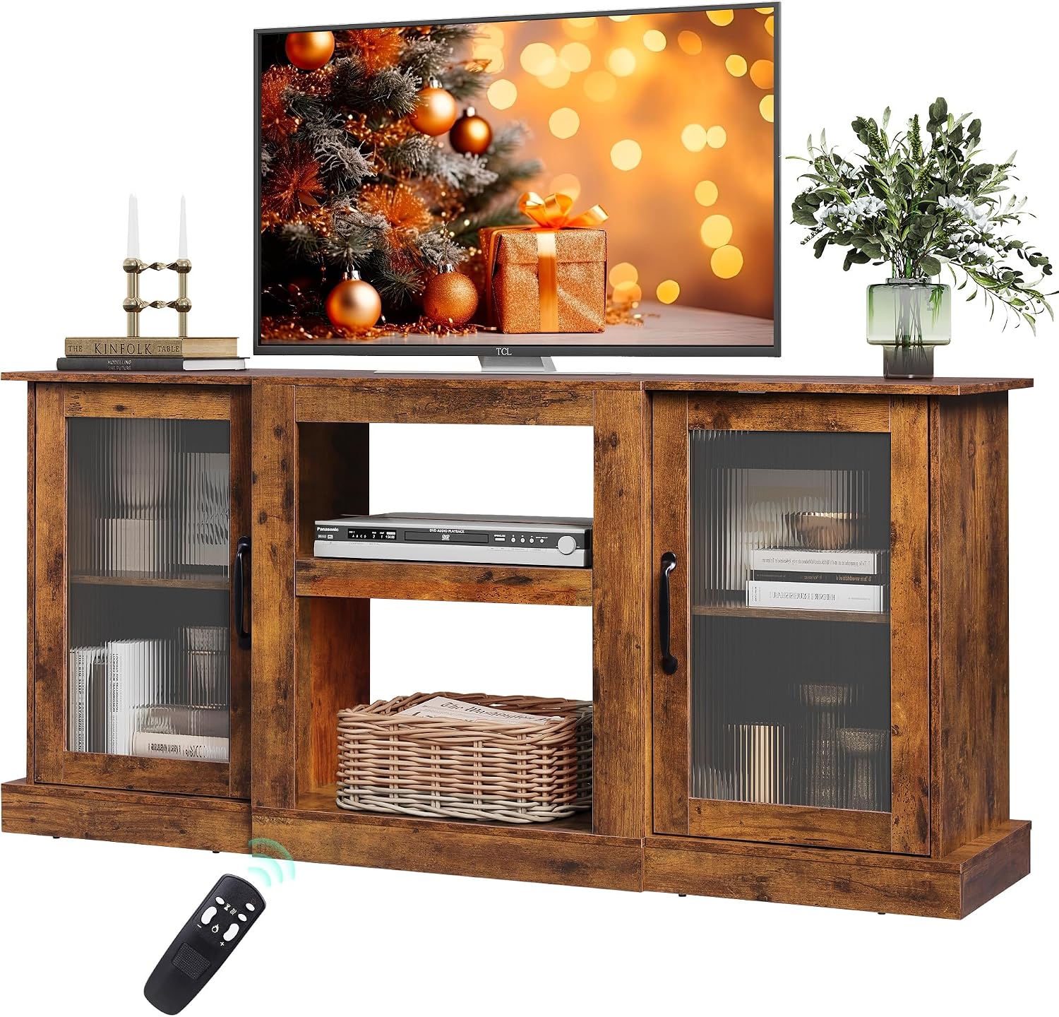 WLIVE Farmhouse TV Stand for 65 inch TV, 58' Entertainment Center with Storage Cabinets, Open Shelves TV Console for Living Room and Bedroom, Rustic Brown