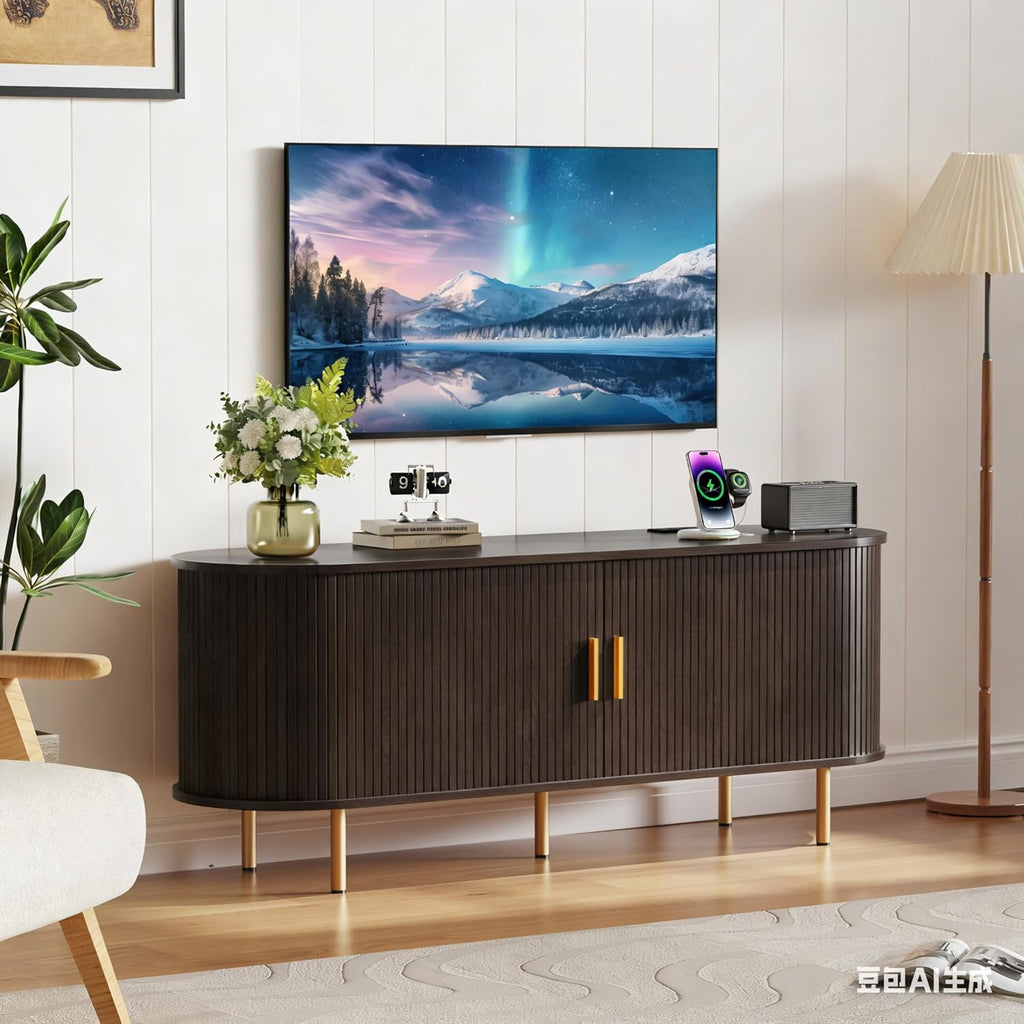 DHH 55 Inch Mid Century Modern TV Stand with Power Outlet for TVs up to 60 Inch, Entertainment Center with Storage and Adjustable Shelves, Media Console with Sliding Doors for Living Room(Dark Walnut)