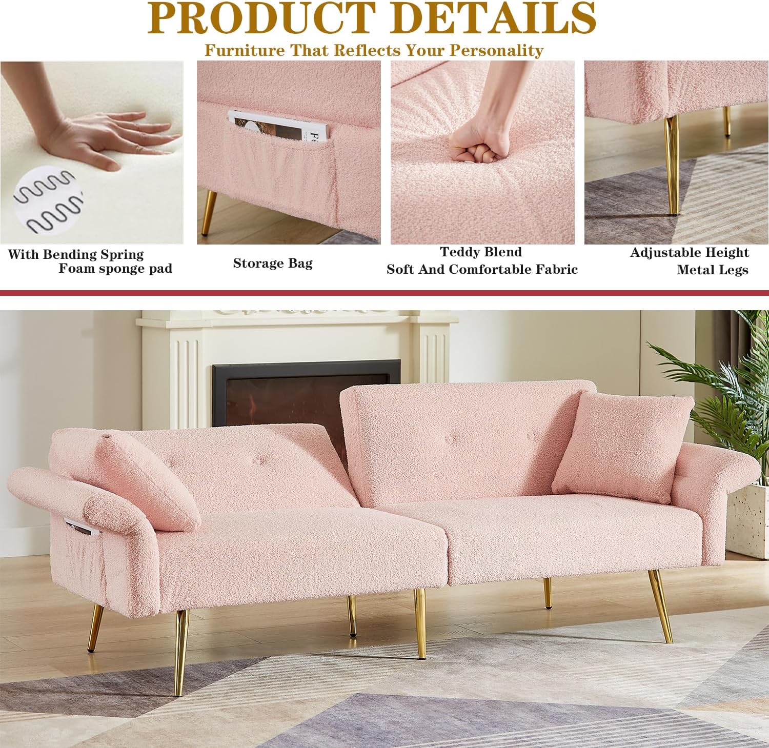 69.5'Pink Convertible Futon Sofa Bed with Adjustable Backrest and Armrests, Teddy Upholstered Loveseat Sleeper Couch with 2 Pillows and Metal Legs Love Seat for Guest Room Living Room (Pink)