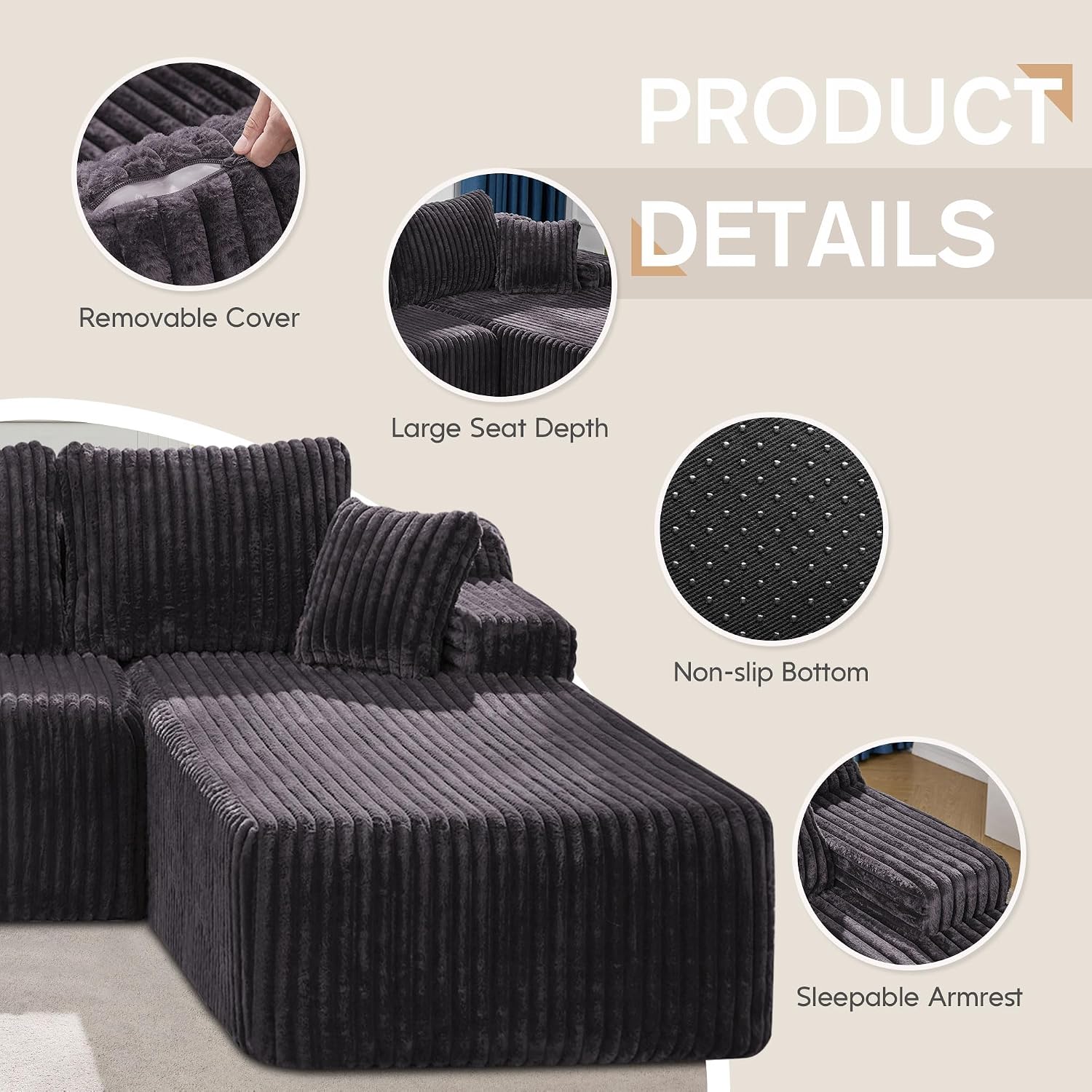 Hobestluk Modular Sectional Sofa Couches L-Shape Couch 3 Seat Modular Sofa Memory Foam Sectional Couches for Living Room, Cloud Couch with Oversized Chaise (108' Right Facing Chaise)