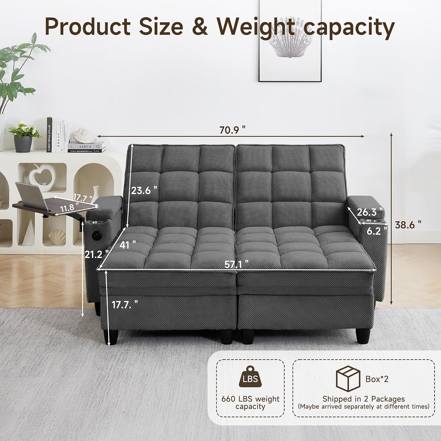 70.9' Chaise Lounge Chair Indoor, Oversized Boucle Upholstered Sofa Bed, Adjustable Backrest Deep Seat Reading Chair, Sofas Couches for Living Room with Storage, Cup Holders and 360° Swivel Side Table