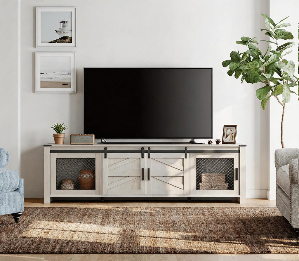 WAMPAT Farmhouse TV Stand for ups to 75 inch TV,Sliding Barn Door Entertainment Center Media TV Console Table with Storage Shelf for Living Room Bedroom, Antique White