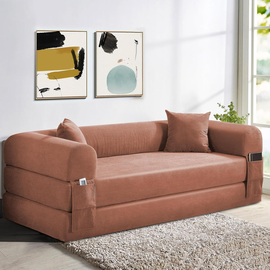 KBQ 3-Seat Convertible Sleeper Sofa Bed with 2 Pillows, Corduroy Folding Mattress Couch, Floor Sofa Lounge Couch for Living Room Bedroom Lounge Studio, Pink