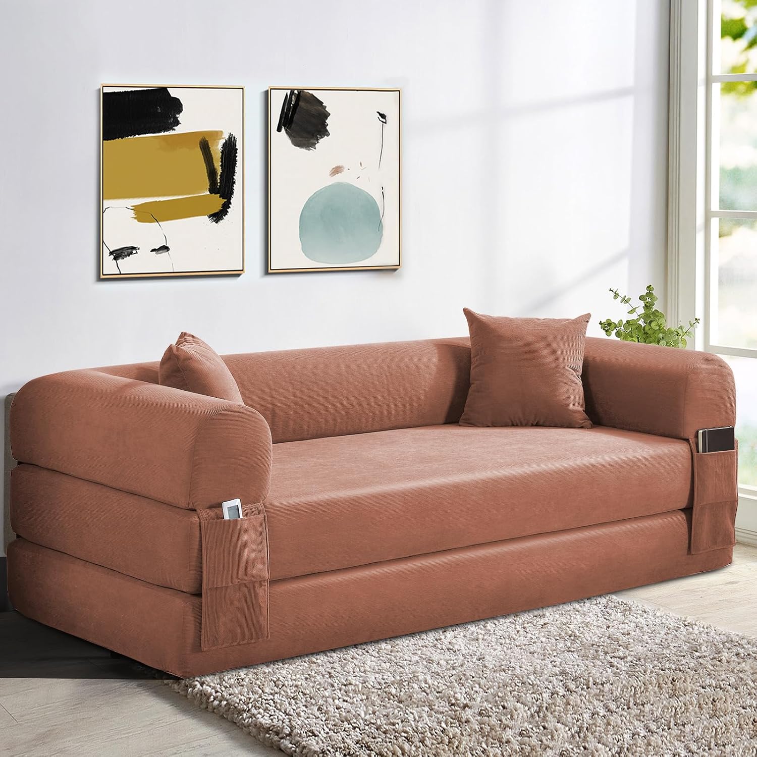 KBQ 3-Seat Convertible Sleeper Sofa Bed with 2 Pillows, Corduroy Folding Mattress Couch, Floor Sofa Lounge Couch for Living Room Bedroom Lounge Studio, Pink