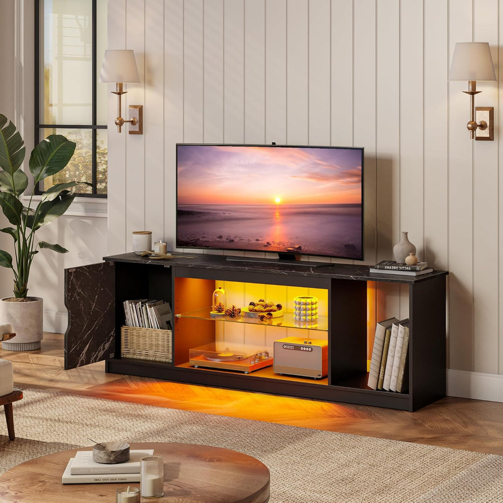 Bestier LED TV Stand for 55/60/65 Inch TV, Gaming Entertainment Center with Cabinet for PS5, Xbox,Modern TV Cabinet with Adjustable Glass Shelves for Living Room, Bedroom 57 Inch,Black Marble