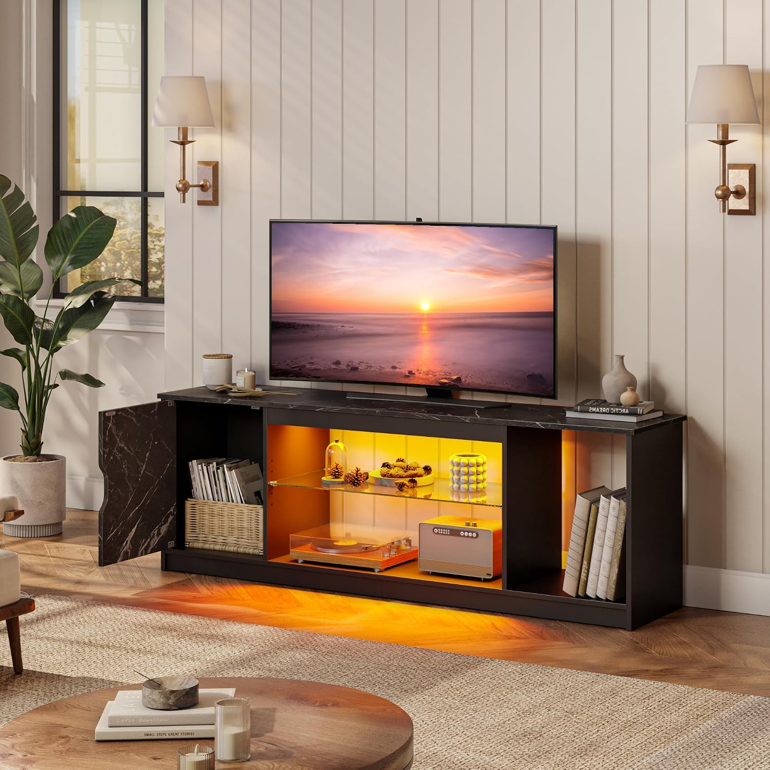 Bestier LED TV Stand for 55/60/65 Inch TV, Gaming Entertainment Center with Cabinet for PS5, Xbox,Modern TV Cabinet with Adjustable Glass Shelves for Living Room, Bedroom 57 Inch,Black Marble