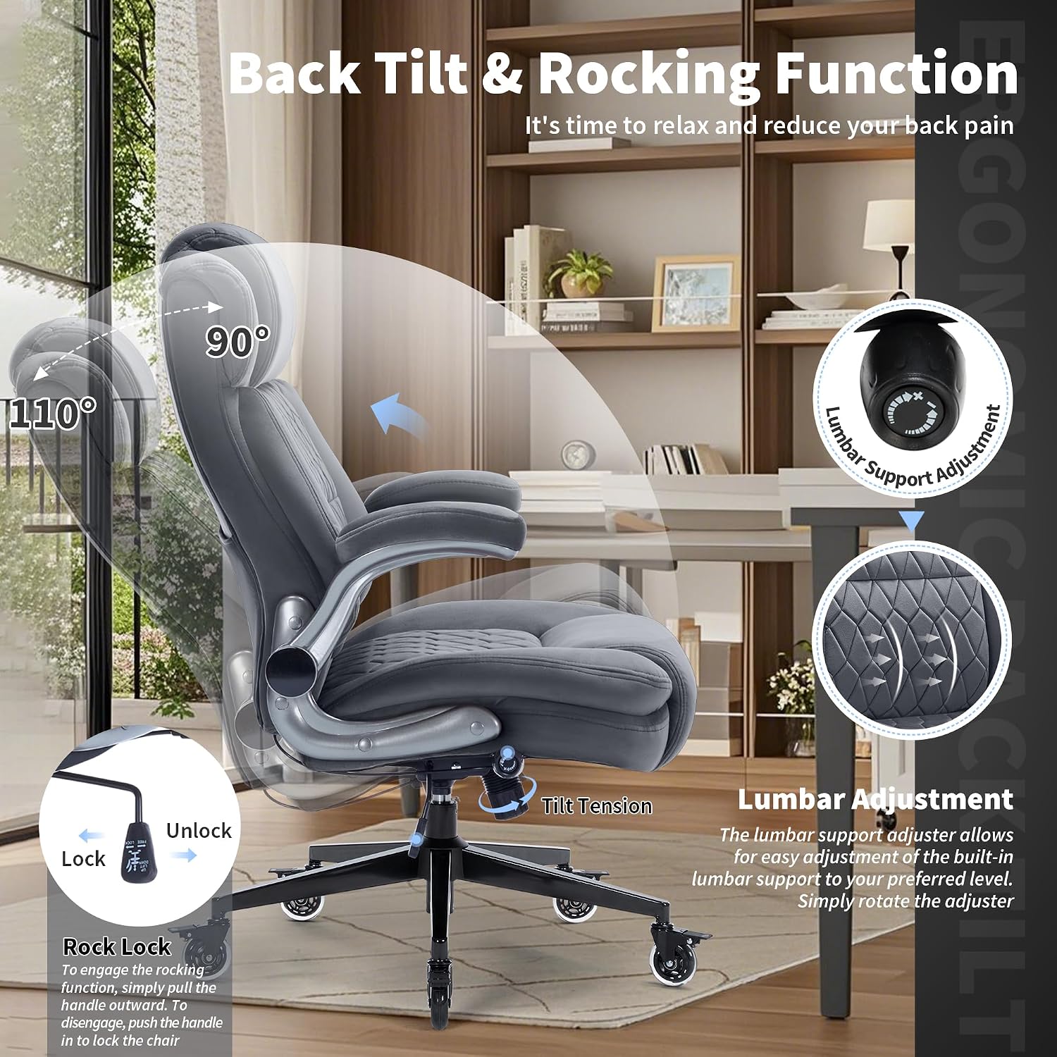 Office Chair with Locking Wheels, Ergonomic High Back Fabric Desk Chair with Adjustable Lumbar Support, Flip-Up Arms, Thick Padded Seat, 400lbs Heavy Duty for Home Office Adults