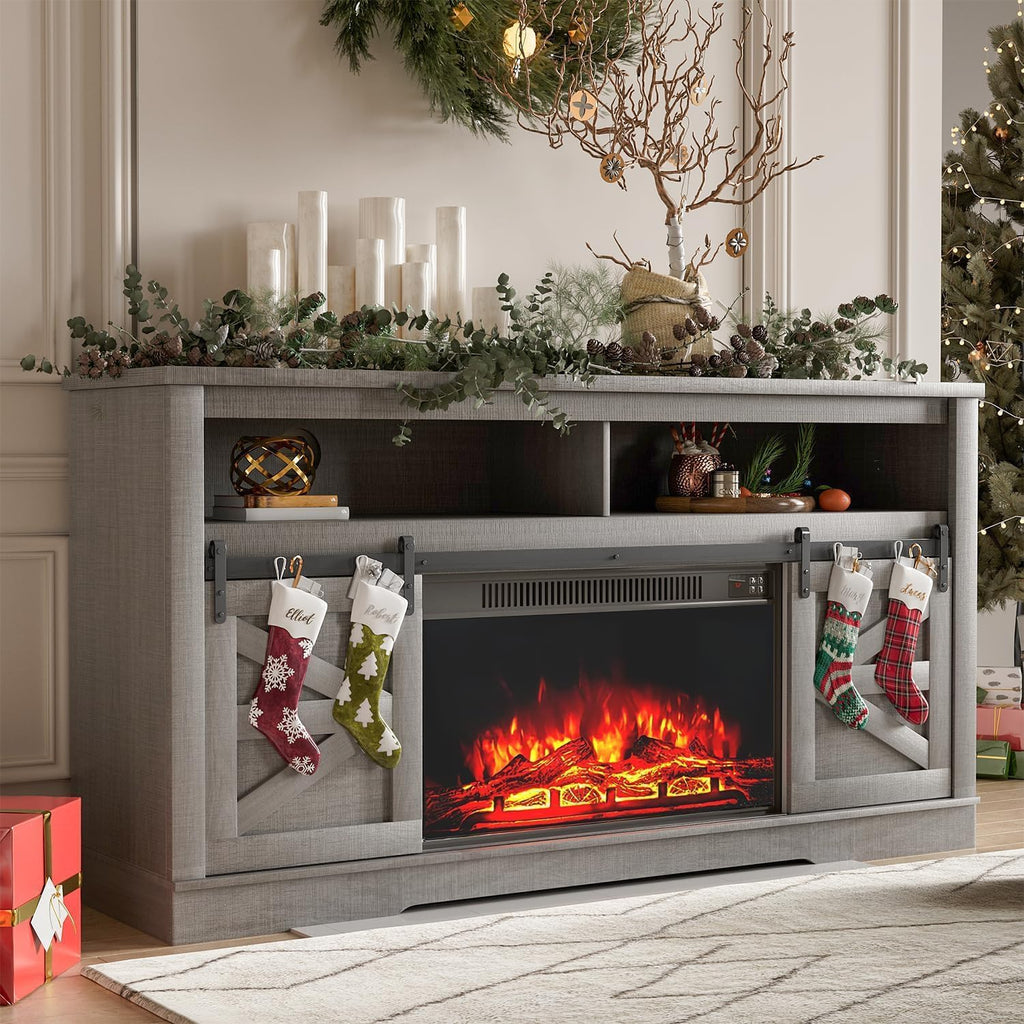 YESHOMY Fireplace TV Stand for Television up to 65+ Inch with Storage and Farmhouse Sliding Barn Doors, Entertainment Center with Cabinet and Shelves, Media Console for Living Room,Rustic Gray