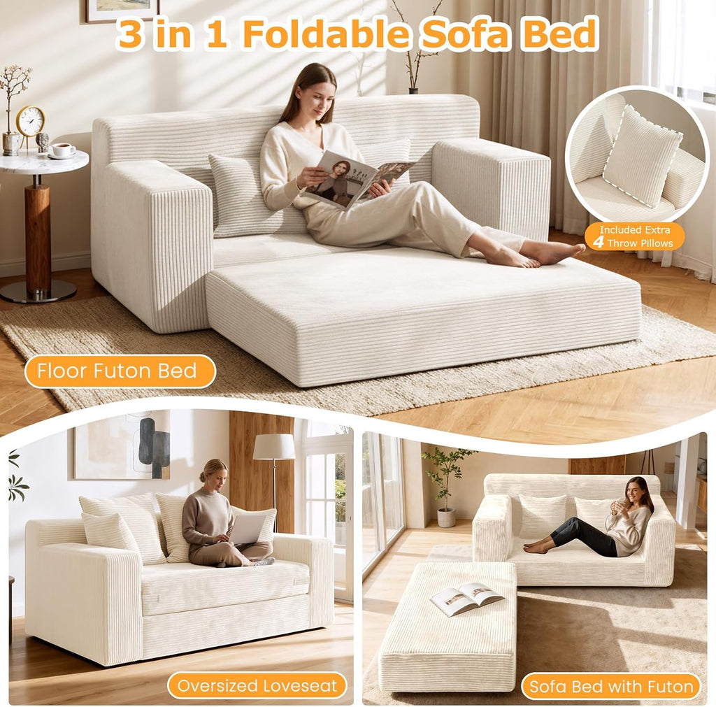 Boneless Loveseat Sleeper Sofa Bed, 3-in-1 Convertible Sofa Bed and Futon Couch with 4 Pillows, 55' Beige Boneless Couch for Living Room, Guest Room, Small Space, No Assembly Required, Corduroy