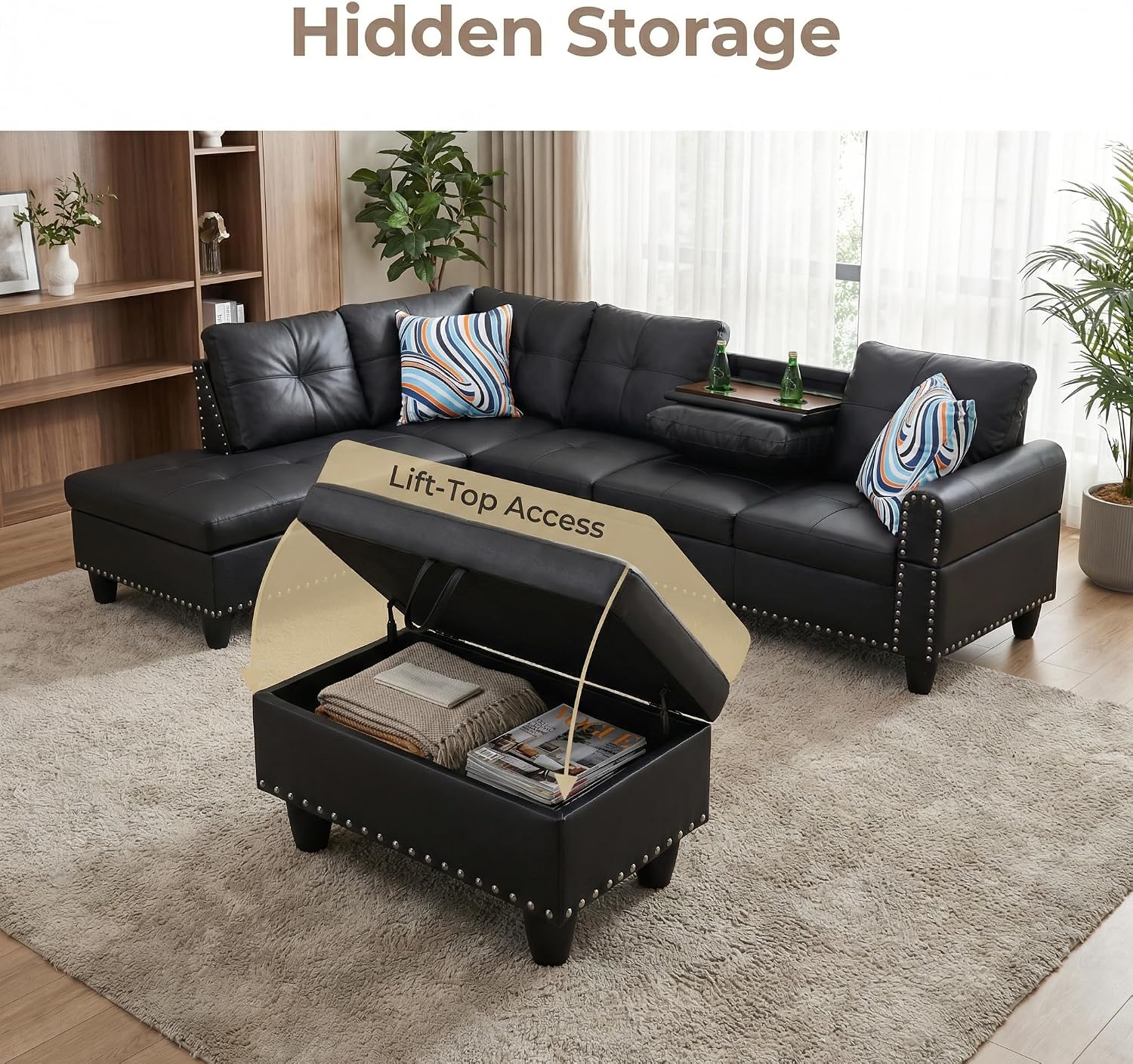 Leather 3-Piece L-Shaped Couches for Living Room, Sectional Sofa with Storage Ottoman & Movable Chaise, Modular Convertible Couch for Bedroom & Apartment, Midnight Black