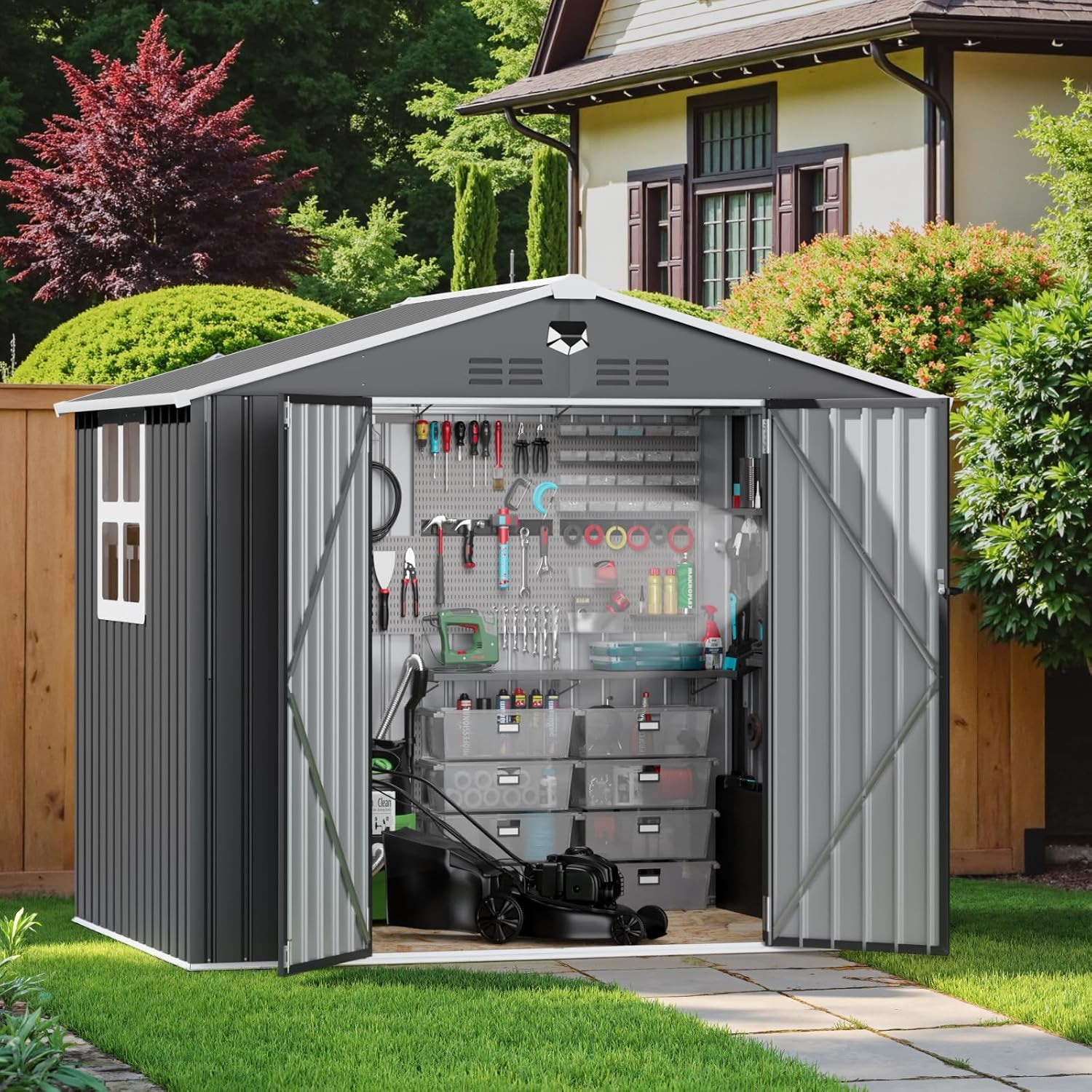 Metal Storage Shed with Window 8x6 FT,Outdoor Storage Building,Large Backyard Sheds,Waterproof Outside Storage Sheds