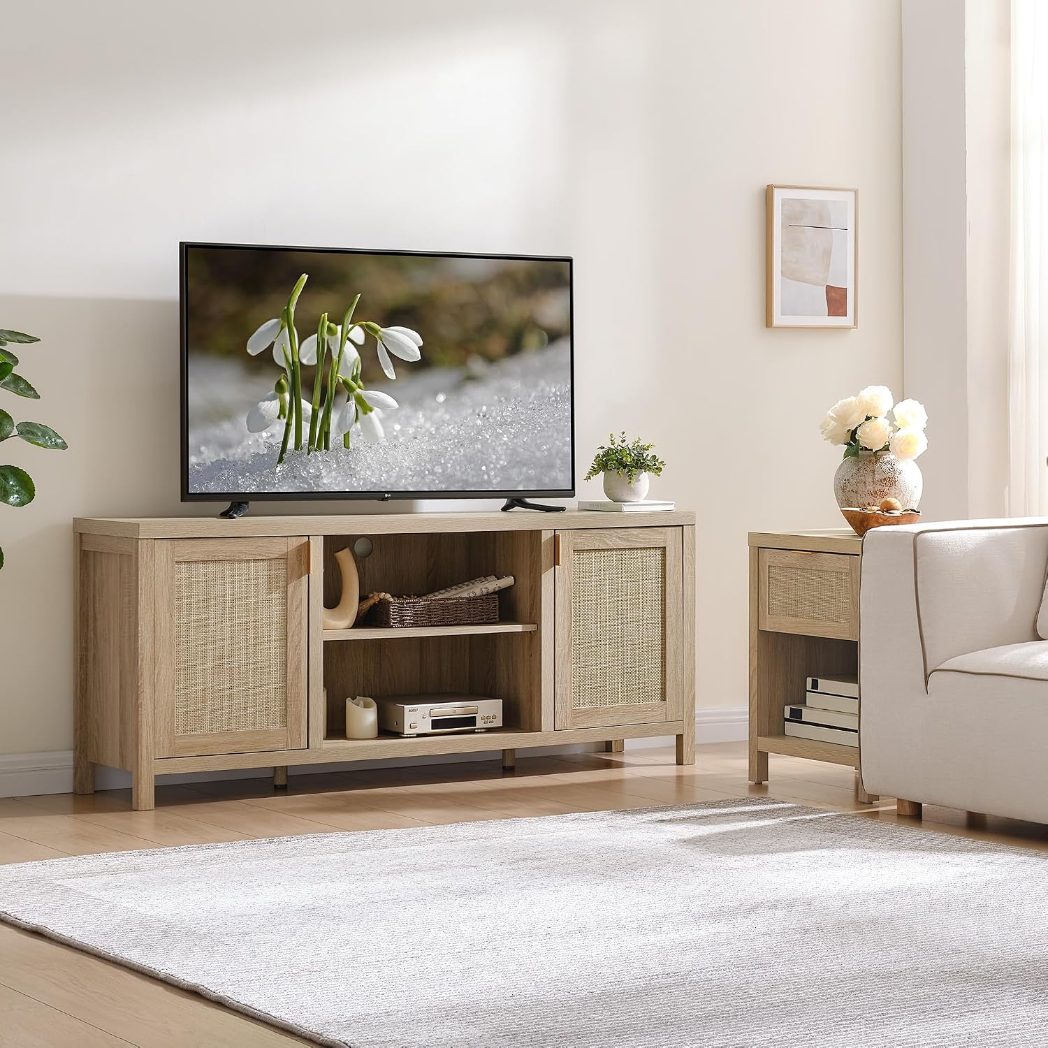 SICOTAS Rattan TV Stand for Living Room - 26' Tall TV Console Cabinet with Storage and Adjustable Shelf, Boho Entertainment Center, 59' Media Console for 50, 55, 65 Inch TV, Light Oak