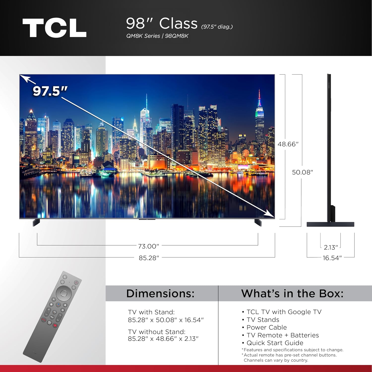 TCL 98 Inch Class QM8K Series | Mini LED QLED 4K HDR | 98QM8K, 2025 Model | 120HZ-144HZ Anti Reflective Wide Angle Screen Smart Google TV Dolby Atmos | Voice Remote Alexa Gaming Streaming Television