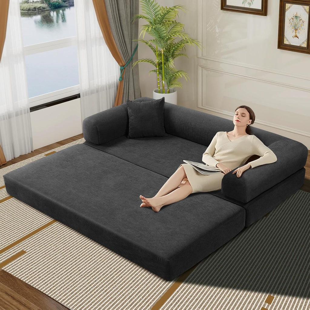 KBQ 3-Seat Convertible Sleeper Sofa Bed with 2 Pillows, Corduroy Folding Mattress Couch, Floor Sofa Lounge Couch for Living Room Bedroom Lounge Studio, Deep Gray