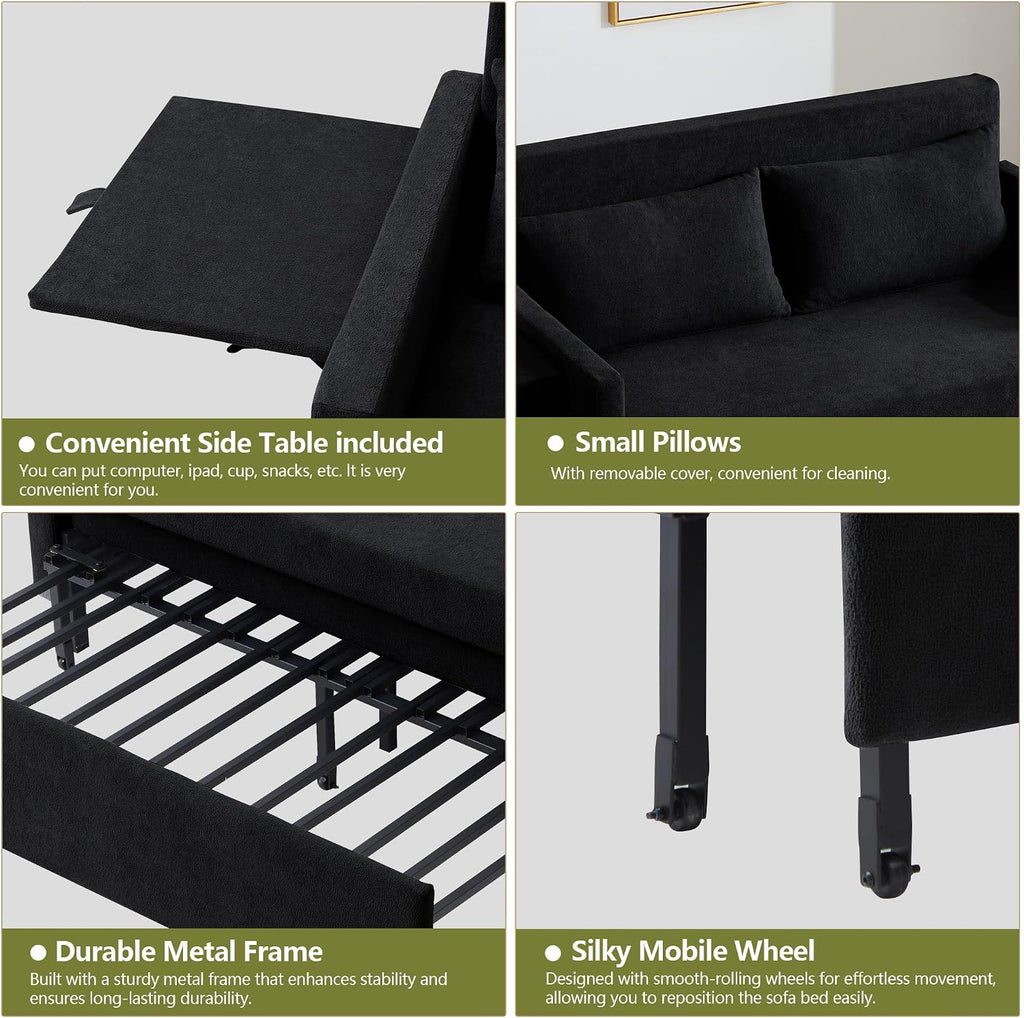 51'' Small Pull Out Sofa Bed, 3-in-1 Convertible Sleeper Couch Bed, Chenille Futon Sleeper Sofa with Side Table and 2 Pillows, Modern Loveseat Couch for Living Room, Bedroom, Home Office (Black)