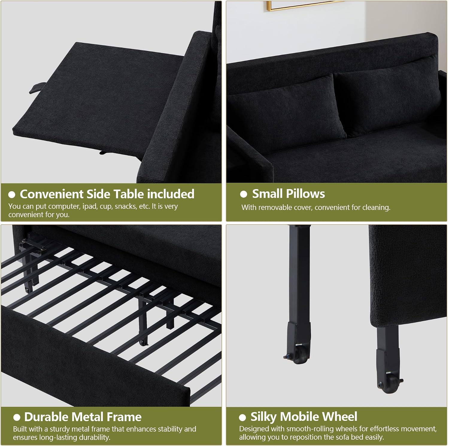 51'' Small Pull Out Sofa Bed, 3-in-1 Convertible Sleeper Couch Bed, Chenille Futon Sleeper Sofa with Side Table and 2 Pillows, Modern Loveseat Couch for Living Room, Bedroom, Home Office (Black)