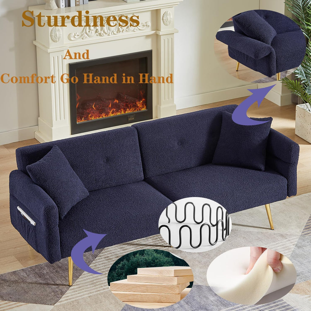 69.5' Convertible Futon Sofa Bed with Adjustable Backrest and Armrests, Teddy Upholstered Loveseat Sleeper Couch with 2 Pillows and Metal Legs Love Seat for Guest Room Living Room (Dark Blue)