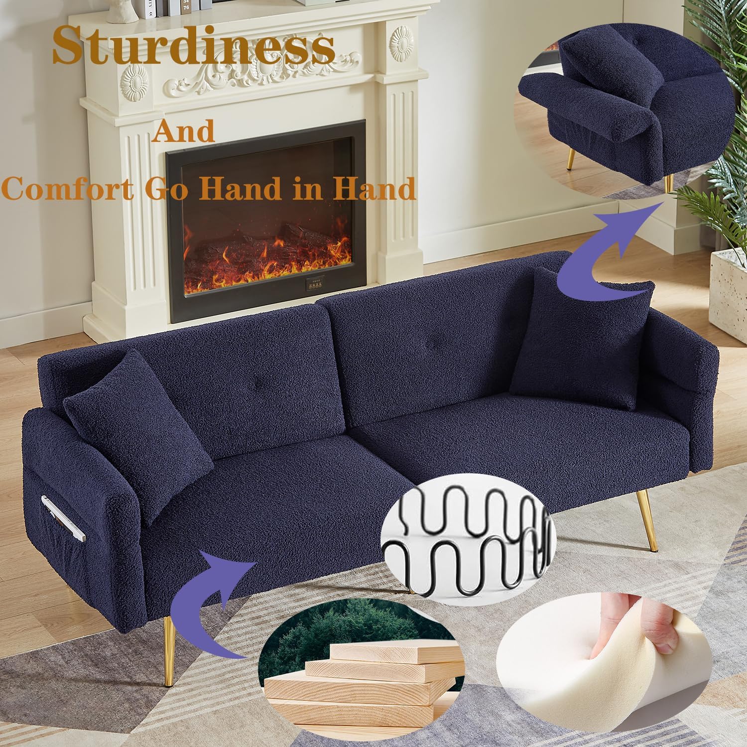 69.5' Convertible Futon Sofa Bed with Adjustable Backrest and Armrests, Teddy Upholstered Loveseat Sleeper Couch with 2 Pillows and Metal Legs Love Seat for Guest Room Living Room (Dark Blue)