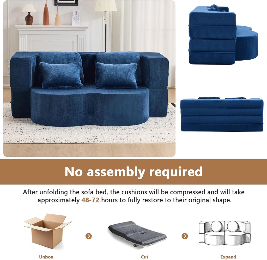 2-in-1 Folding Sofa Bed with Pillow, No Assembly Futon Twin Size Sofa Bed, Breathable Velvet Convertible Couch Bed for Living Room and Guest Room, 78.7 Inch, Blue