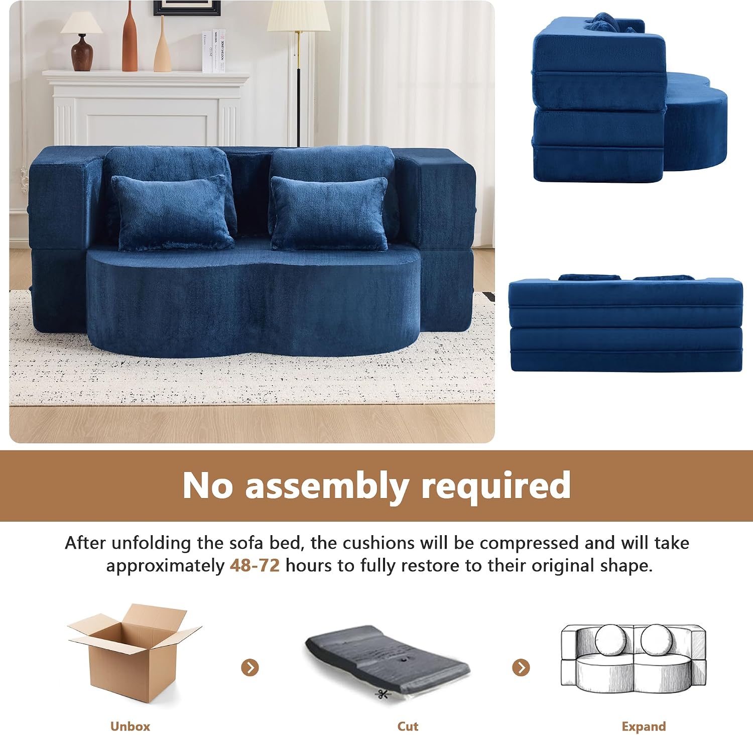 2-in-1 Folding Sofa Bed with Pillow, No Assembly Futon Twin Size Sofa Bed, Breathable Velvet Convertible Couch Bed for Living Room and Guest Room, 78.7 Inch, Blue