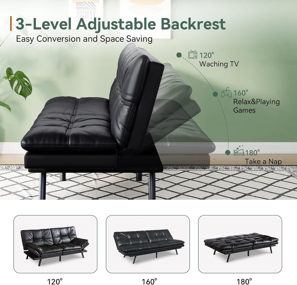Opoiar 71' L Covertible Futon Sofa Bed,Faux Leather Futon Couch, Memory Foam Modern Loveseat Sleeper, Small Splitback Sofa Couches for Living Room,RV,Home Office,Apartment,Black