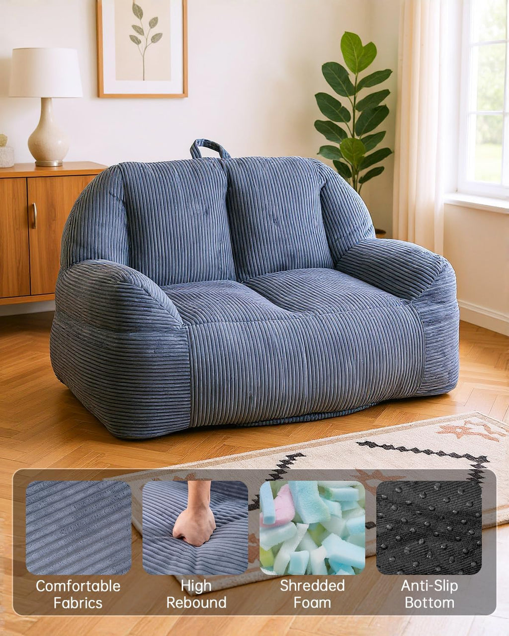Lamerge Giant Bean Bag Chair for Adults, Oversized Faux Fur Fluffy Sofa with High-Density Memory Foam, Grey Comfy Bean Bag Couch for Reading, Gaming (53' Giant Bean Bag Chair Sofa)