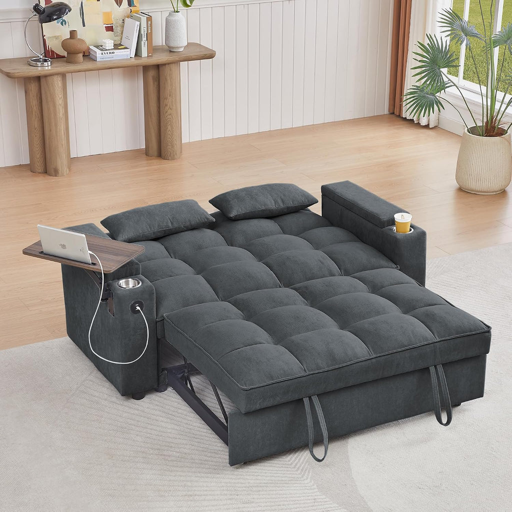 hansones 65'' 3-in-1 Folding Convertible Sofa Bed, Pullout Sofa, Modern Chenille Fabric, 360° Swivel Side Table, Easy Assembly, Perfect for Living Room, Grey