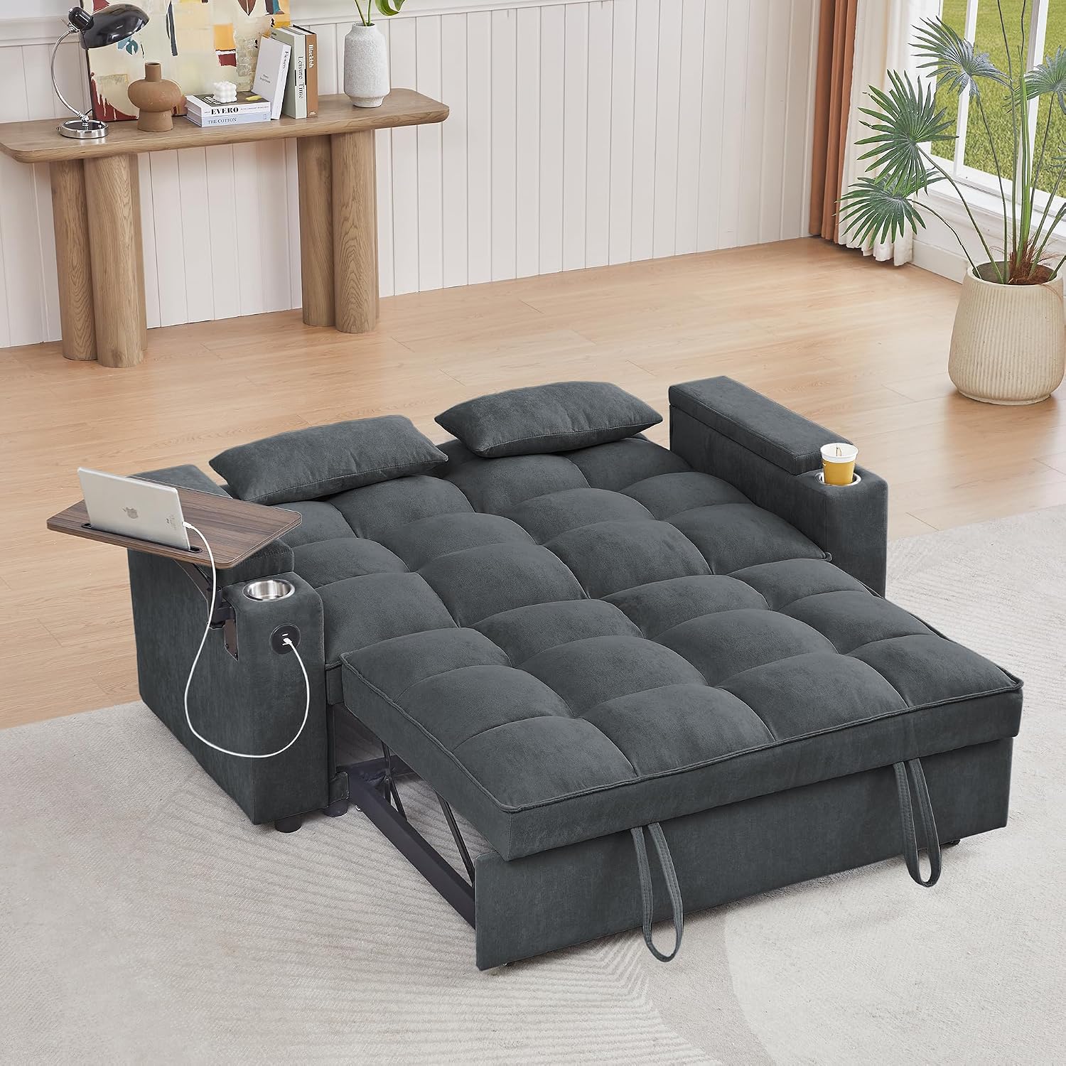 hansones 65'' 3-in-1 Folding Convertible Sofa Bed, Pullout Sofa, Modern Chenille Fabric, 360° Swivel Side Table, Easy Assembly, Perfect for Living Room, Grey