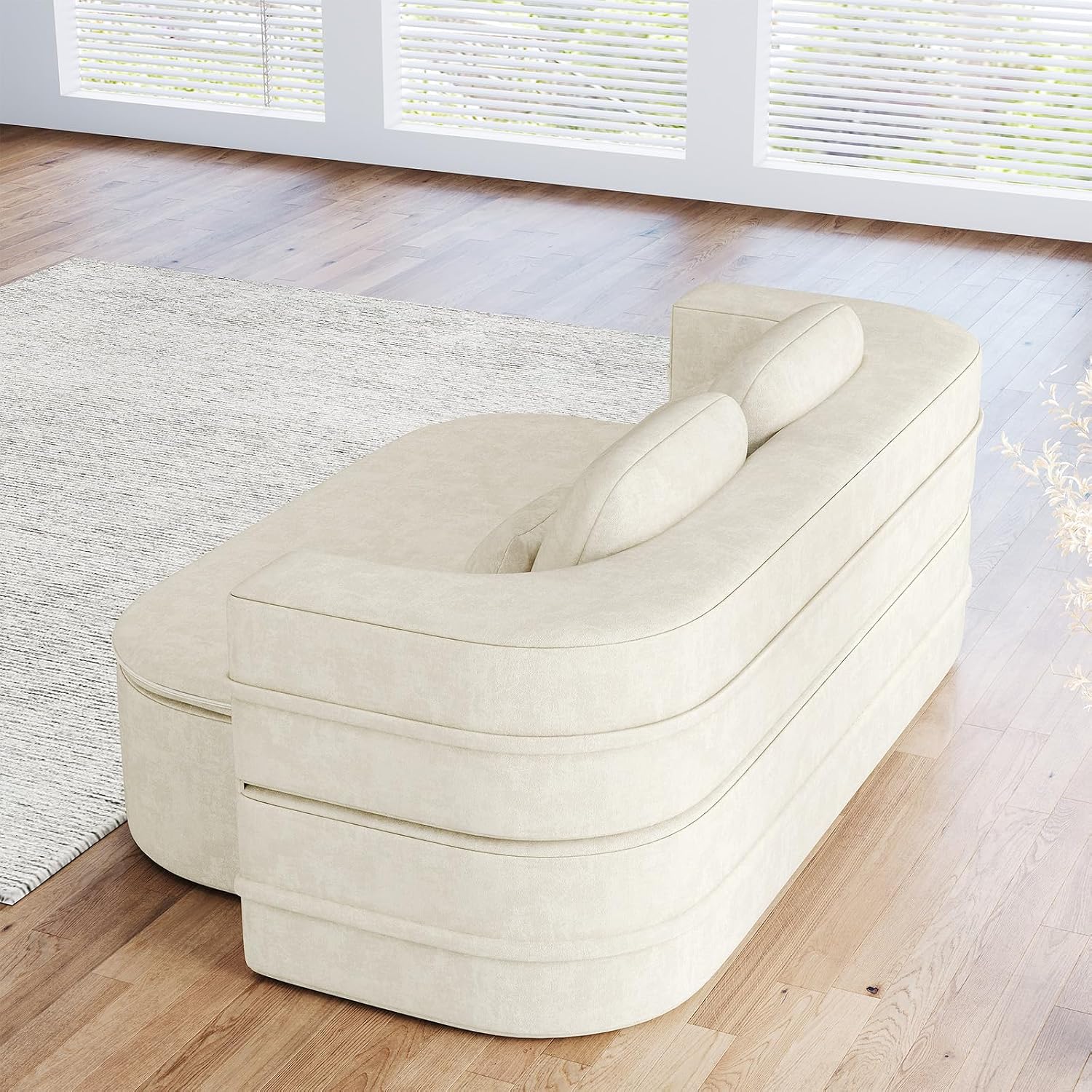 Antetek Convertible Sleeper Sofa, Modern Folding Futon Chenille Floor Foam Compression Loveseat Sofa Bed Couch, Foldable Full-Size Guest Bed with 4 Pillows for Living Room Bedroom Apartment, Beige