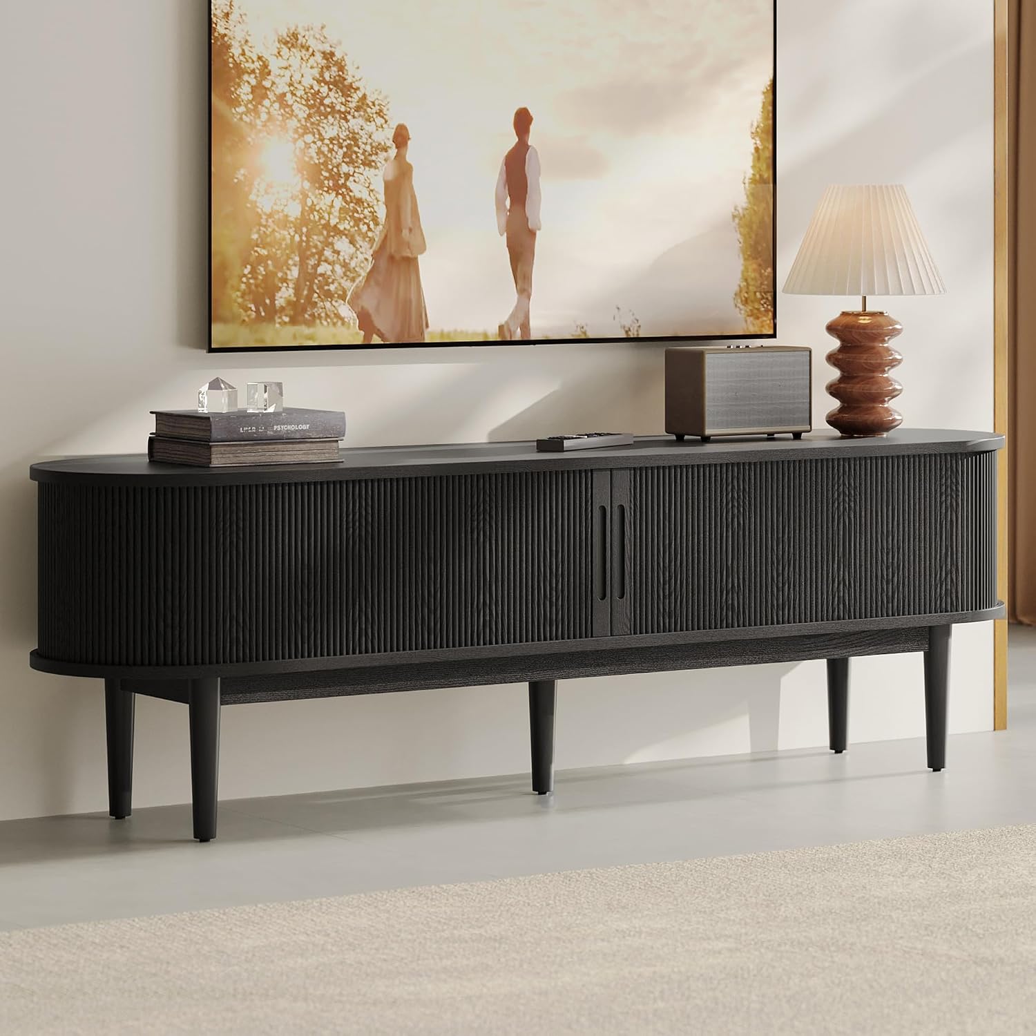 LINSY HOME 70' Fluted TV Stand for TVs up to 80 Inch, Mid Century Modern Entertainment Center with Storage Cabinet and Sliding Doors, Farmhouse Wood Media TV Console for Living Room, Bedroom, Black
