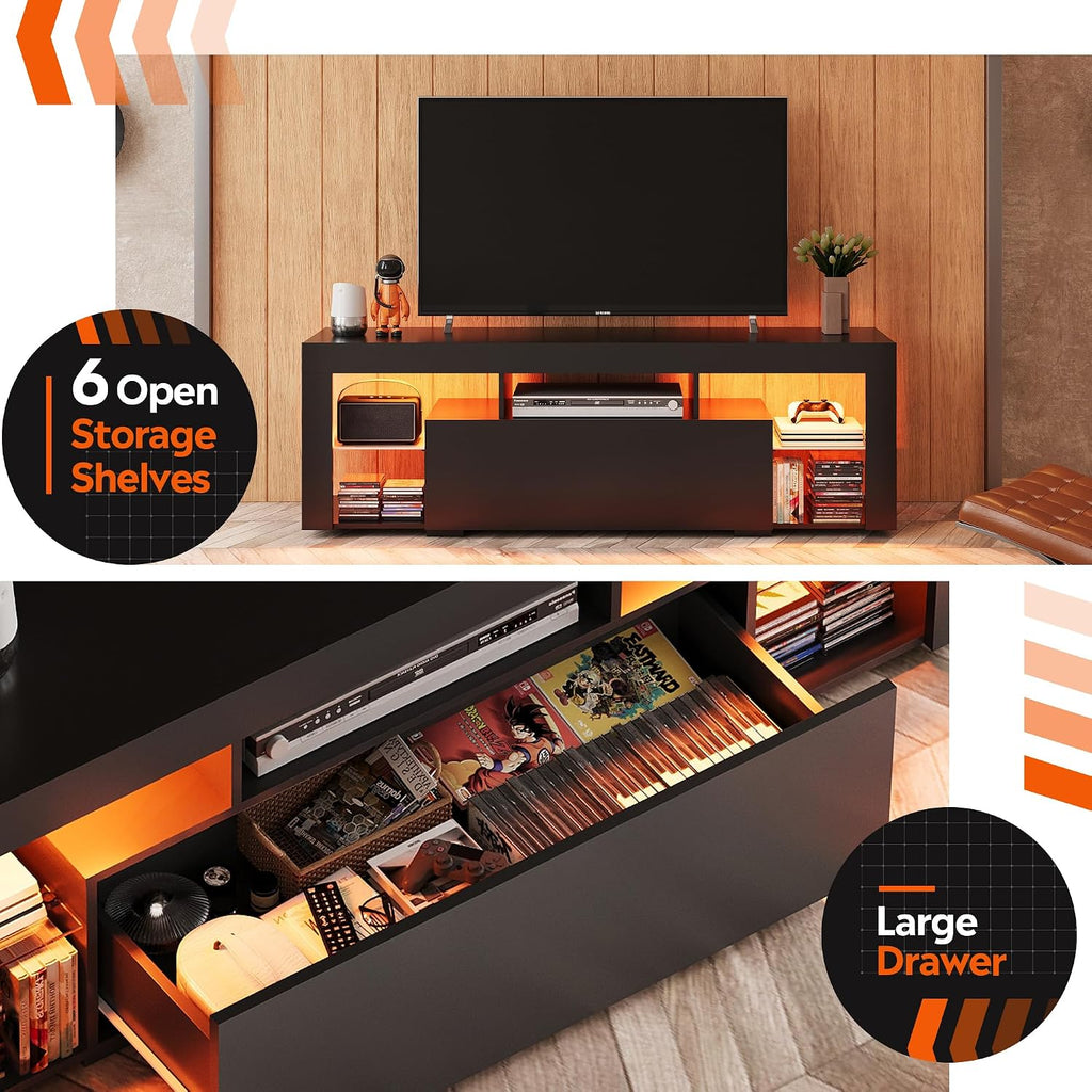 WLIVE TV Stand with LED Lights & 2 Large Storage Drawers, Modern Entertainment Center for 32/43/50/55/60 Inchs TVs, Sturdy TV Console for Living Room, Bedroom(Black)