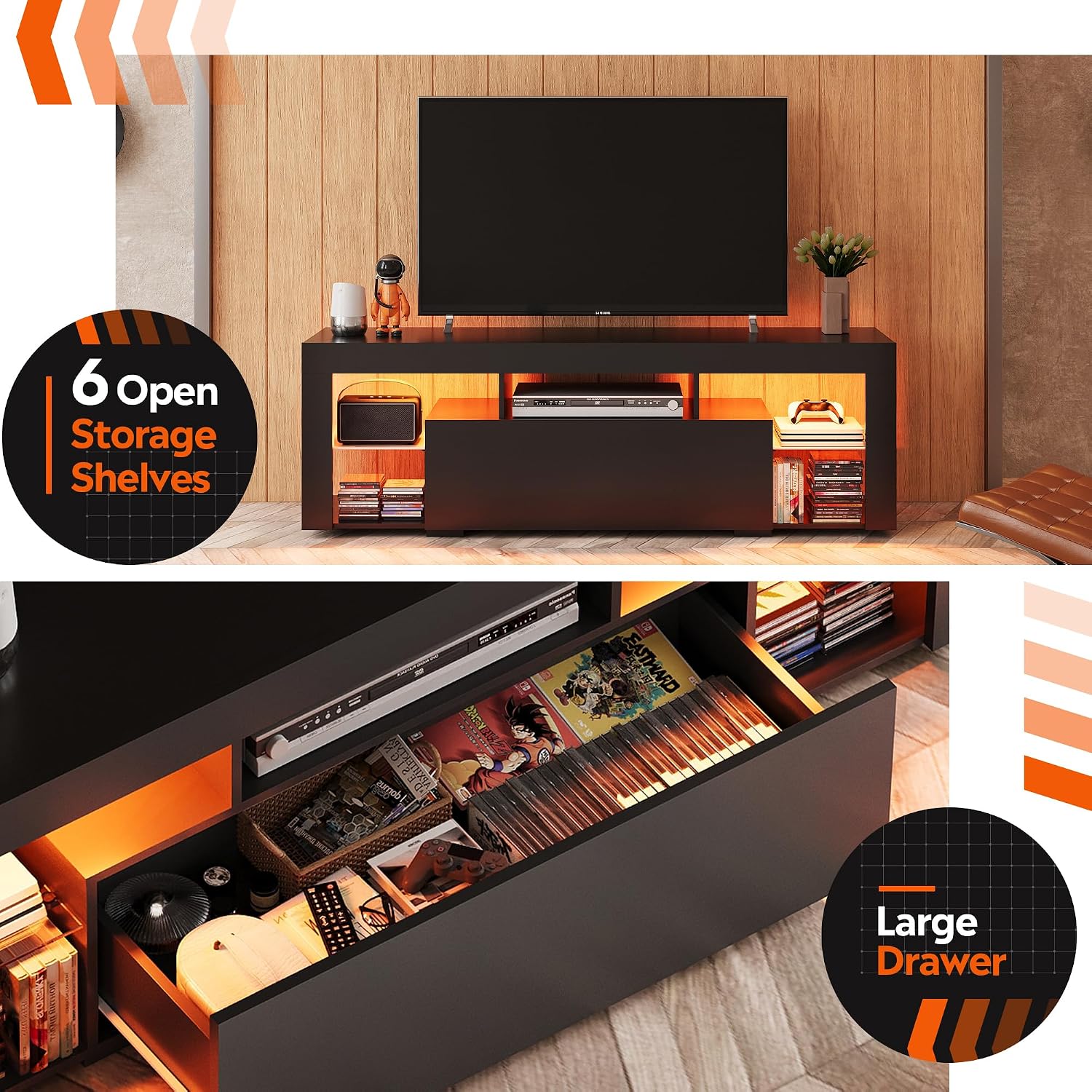 WLIVE TV Stand with LED Lights & 2 Large Storage Drawers, Modern Entertainment Center for 32/43/50/55/60 Inchs TVs, Sturdy TV Console for Living Room, Bedroom(Black)