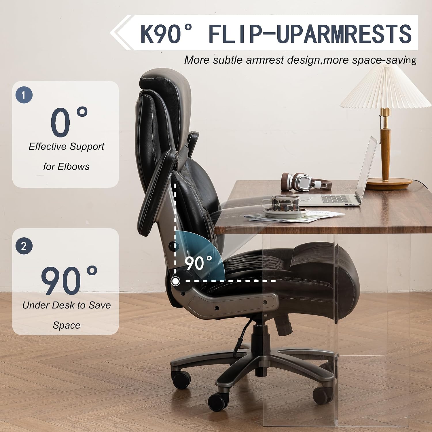 Vigosit 500 lbs Executive Office Chair for Big and Tall, Ergonomic High-Back Desk Chair with Adjustable Headrest, 3D Reversible Armrests, Silent Casters, Heavy Duty PU Leather Computer Chair (Black)