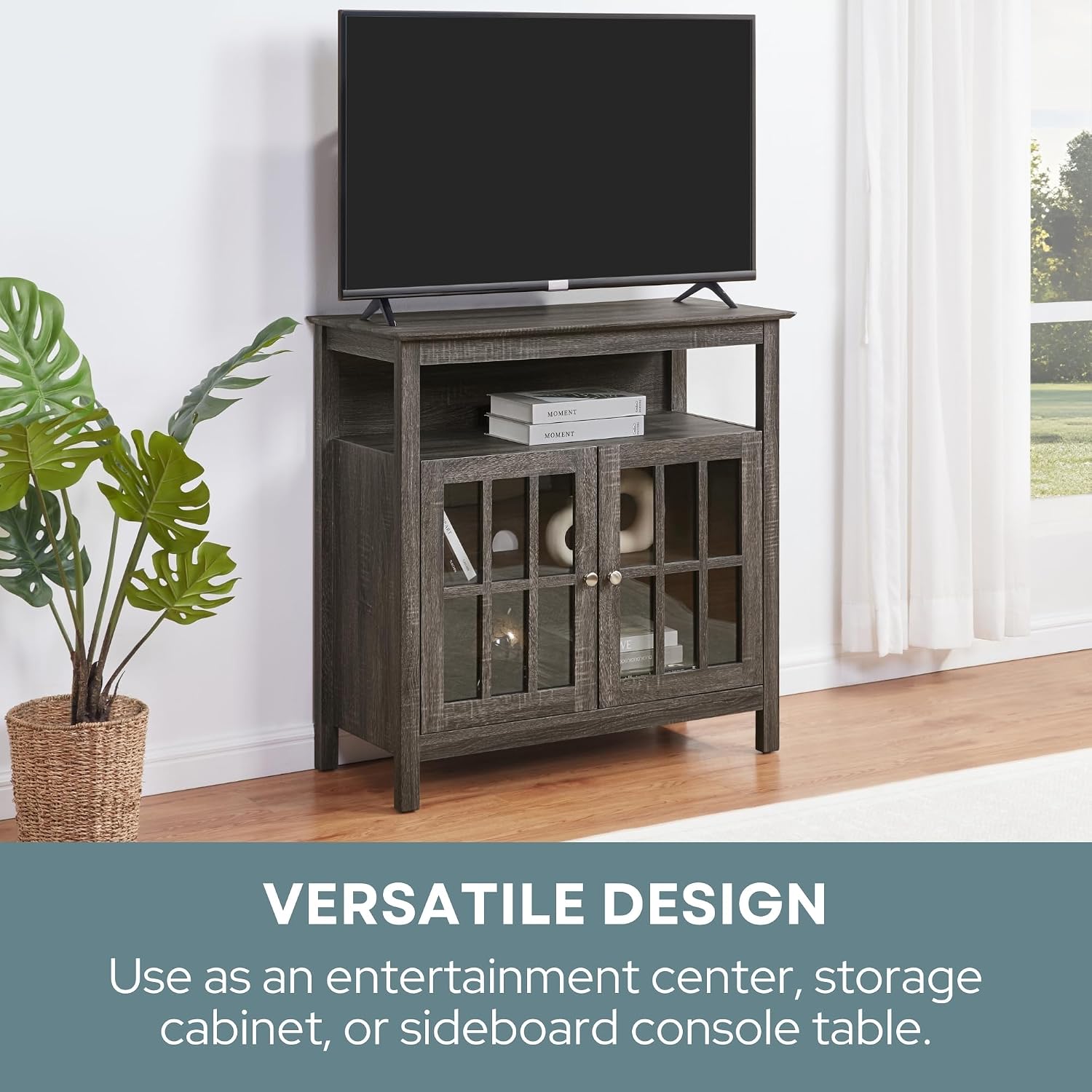 Convenience Concepts Big Sur Highboy TV Stand 36' - Modern Entertainment Center For TVs up to 40', Storage Cabinet for Dining, Living Room, & Entryway, Console Hall Table with Shelves, Weathered Gray