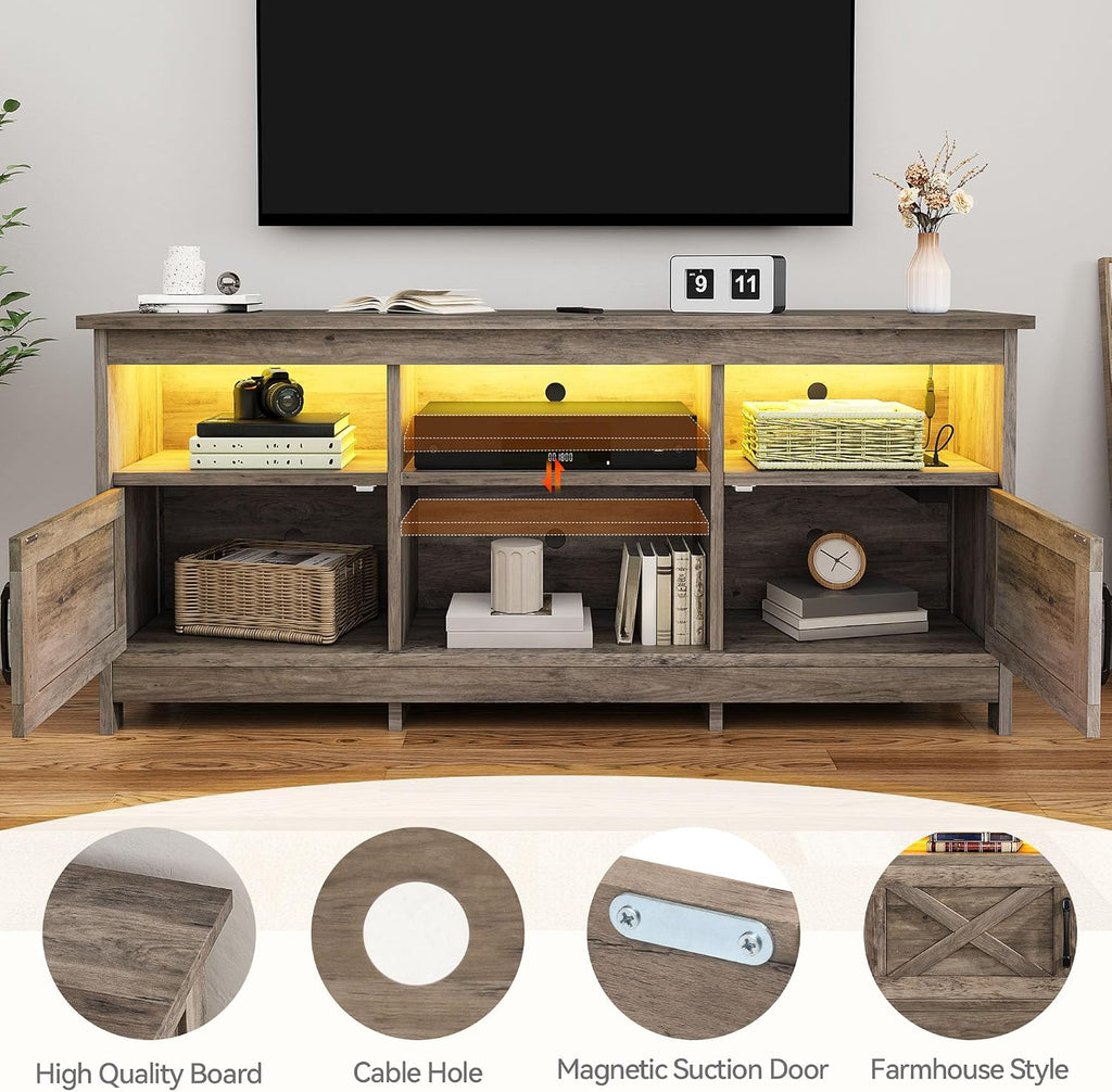 DWVO TV Stand for up to 65 Inch TV, Entertainment Center with Storage, TV Cabinet with Power Outlet & LED Light Strip, Media Console Television Stands for Living Room, Washed Grey