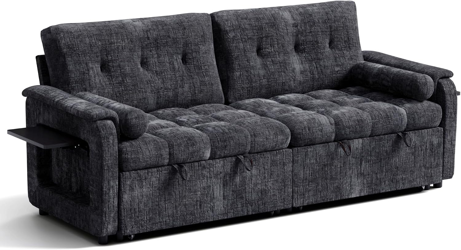 Convertible Sleeper Sofa Bed, 86 Inch Chenille Pull Out Couch with Side Table & Adjustable Backrest, Sectional Sleeper Sofa with Pull Out Bed for Living Room, Apartment, Black
