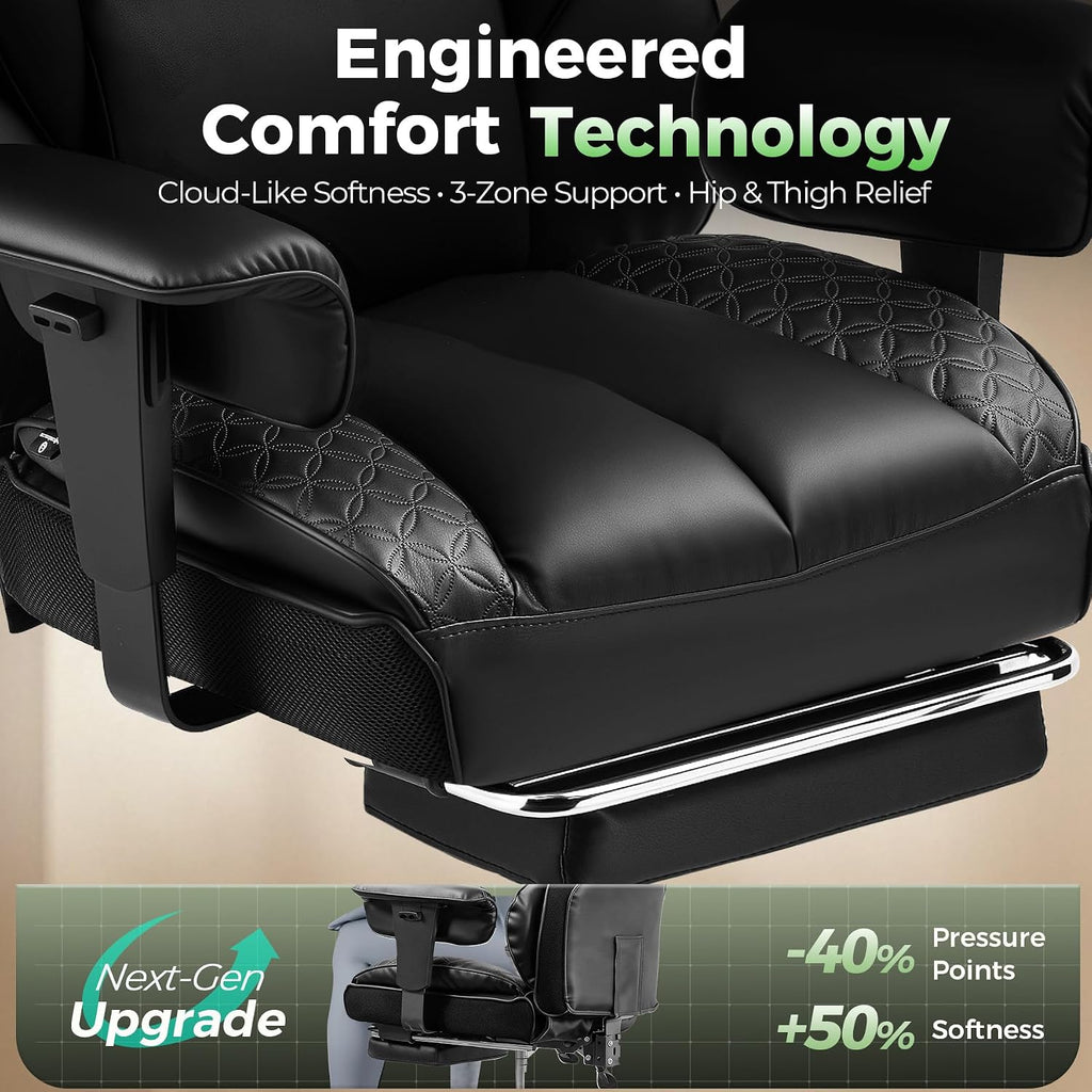 GTPOFFICE Big and Tall Office Chair 400LBS Wide Seat Computer Gaming Chair with Footrest & Comfy Lumbar Support, Leather High Back Executive Chair with Ergonomic Pressure Relief Seat Cushion, Black