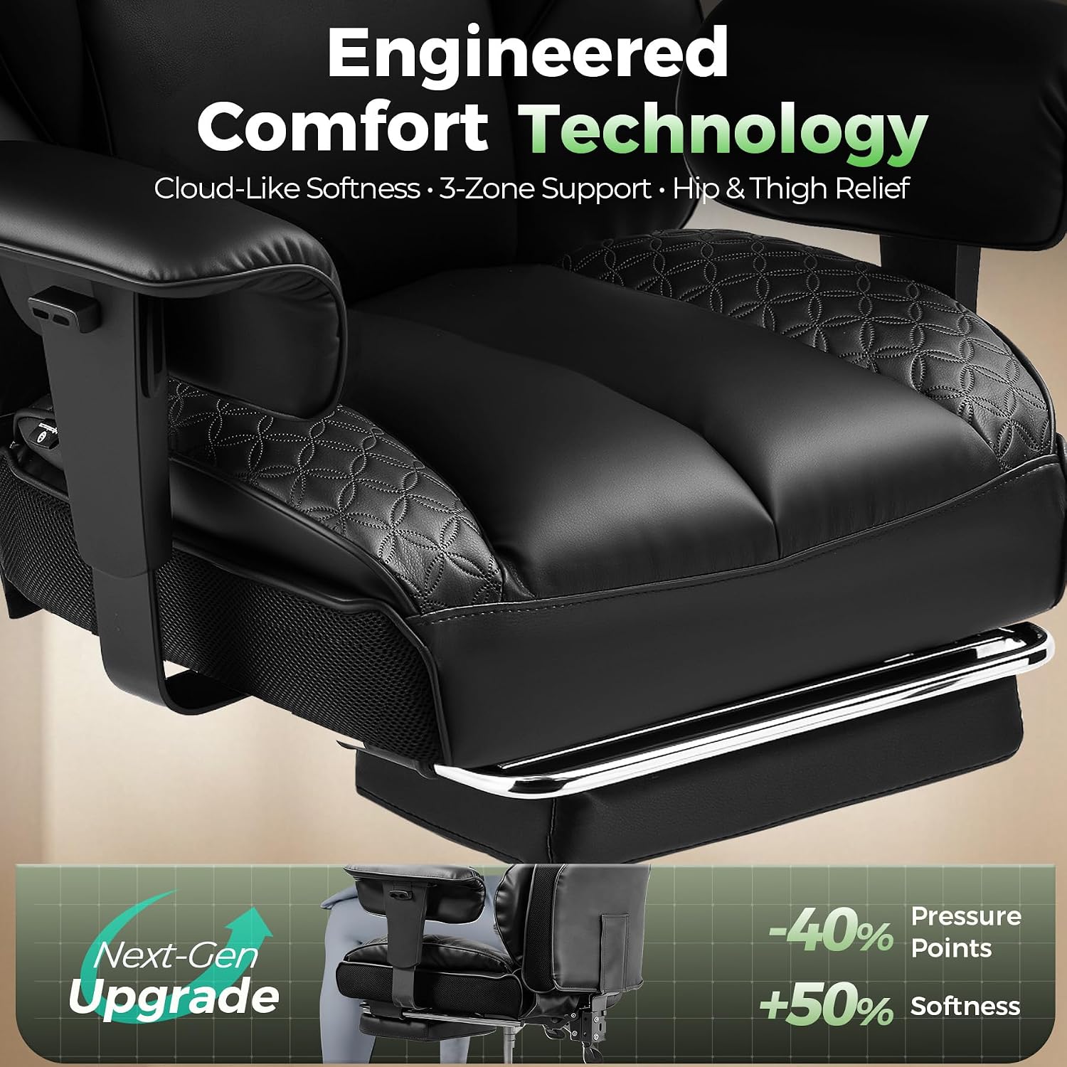 GTPOFFICE Big and Tall Office Chair 400LBS Wide Seat Computer Gaming Chair with Footrest & Comfy Lumbar Support, Leather High Back Executive Chair with Ergonomic Pressure Relief Seat Cushion, Black