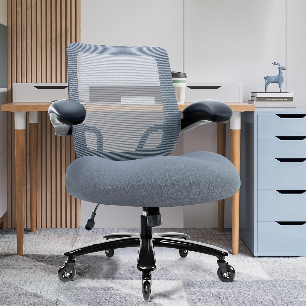Kassipo 500LBS Big and Tall Office Chair with Flip-Up Armrests, Heavy Duty Office Chair for Heavy People, Memory Foam Seat Filling Springs, Grey