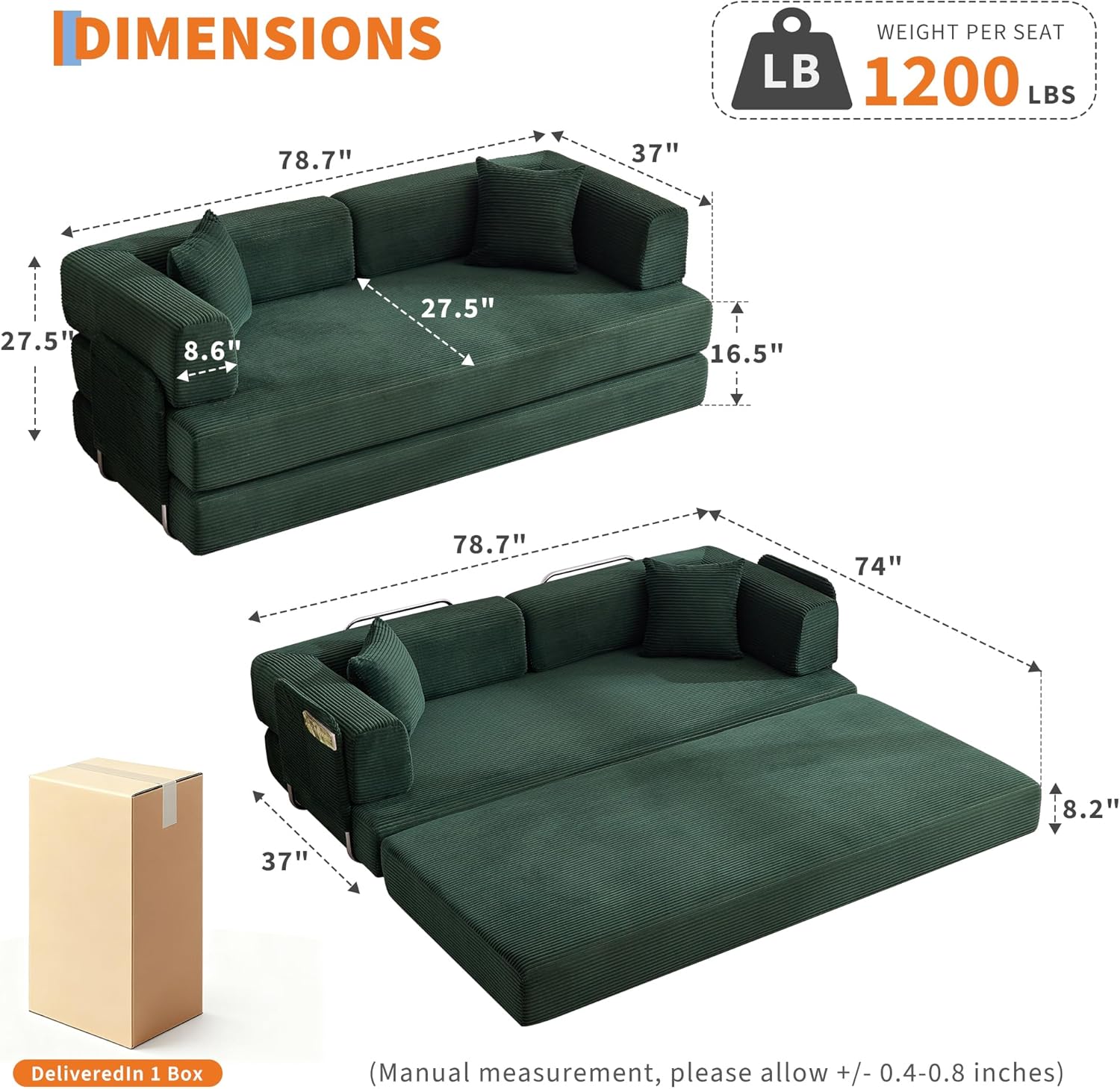 Garvee 5-in-1 Convertible Sofa Bed, 78.8' Modular Corduroy Sleeper with Sturdy Frame & No Assembly, Multi-Functional Futon for Small Space, Living Room & Guest Room (Green) (Dark Green)
