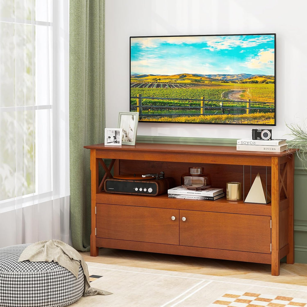 Tangkula Wooden TV Stand for TVs Up to 50 Inch, X Shape Console Storage Cabinet, Entertainment Center with 2 Doors & Shelf, Home Living Room Furniture, Farmhouse TV Storage Console (Coffee)